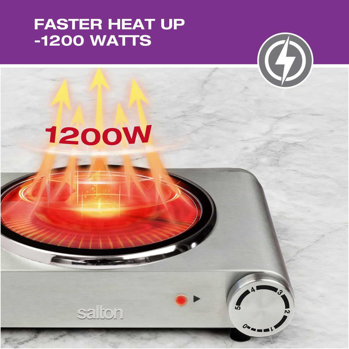 Salton Single Stainless Steel Infrared Portable Electric Cooktop with Large 7.4” Diameter Burner, Variable Tempertature Control and Indicator Light, Perfect for Entertaining, 1200 Watts (HP1502)