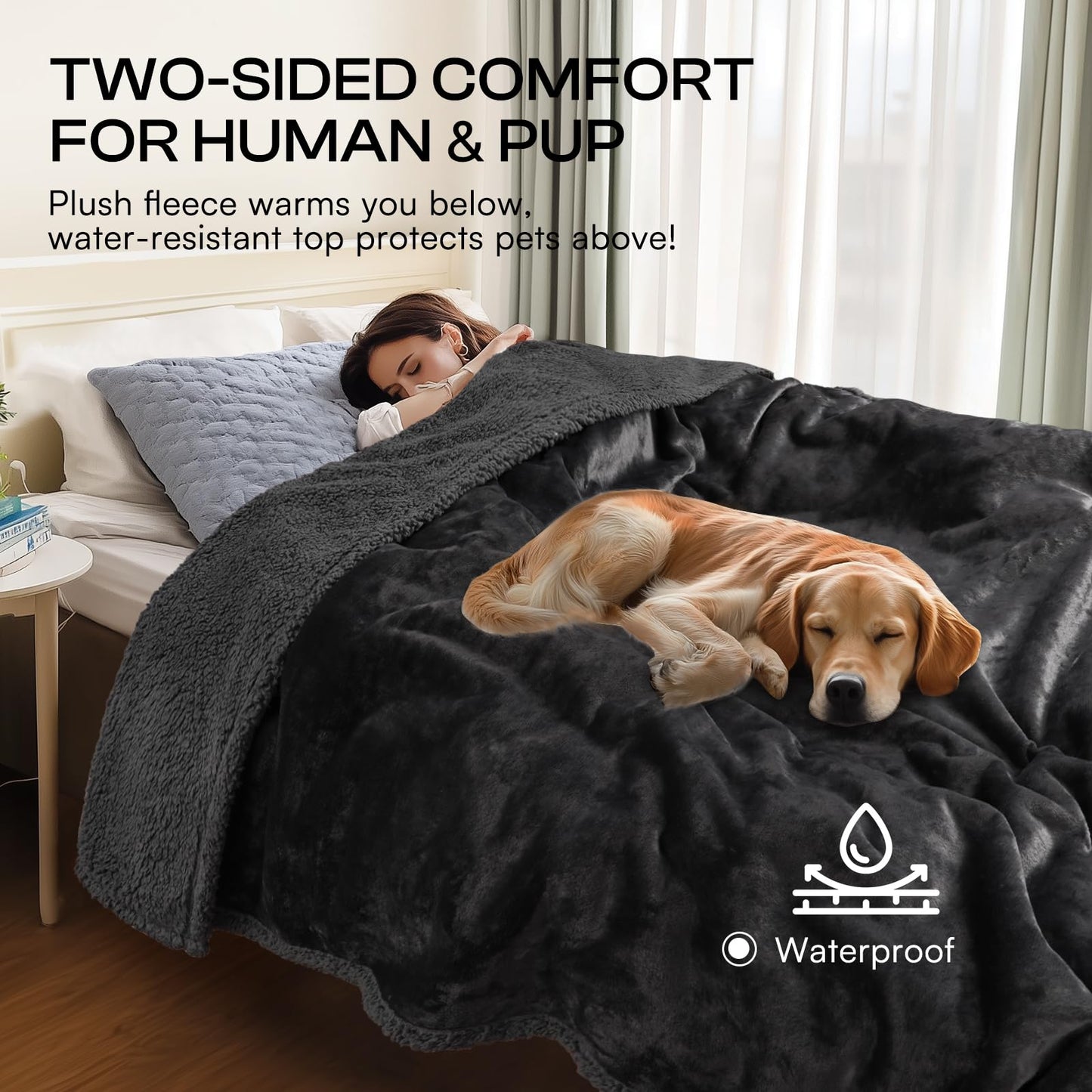 Waterproof Pet Blanket, Liquid Pee Proof Dog Blanket for Sofa Bed Couch, Reversible Sherpa Fleece Furniture Protector Cover for Small Medium Large Dogs Cats,Black X-Large（85" x 57"