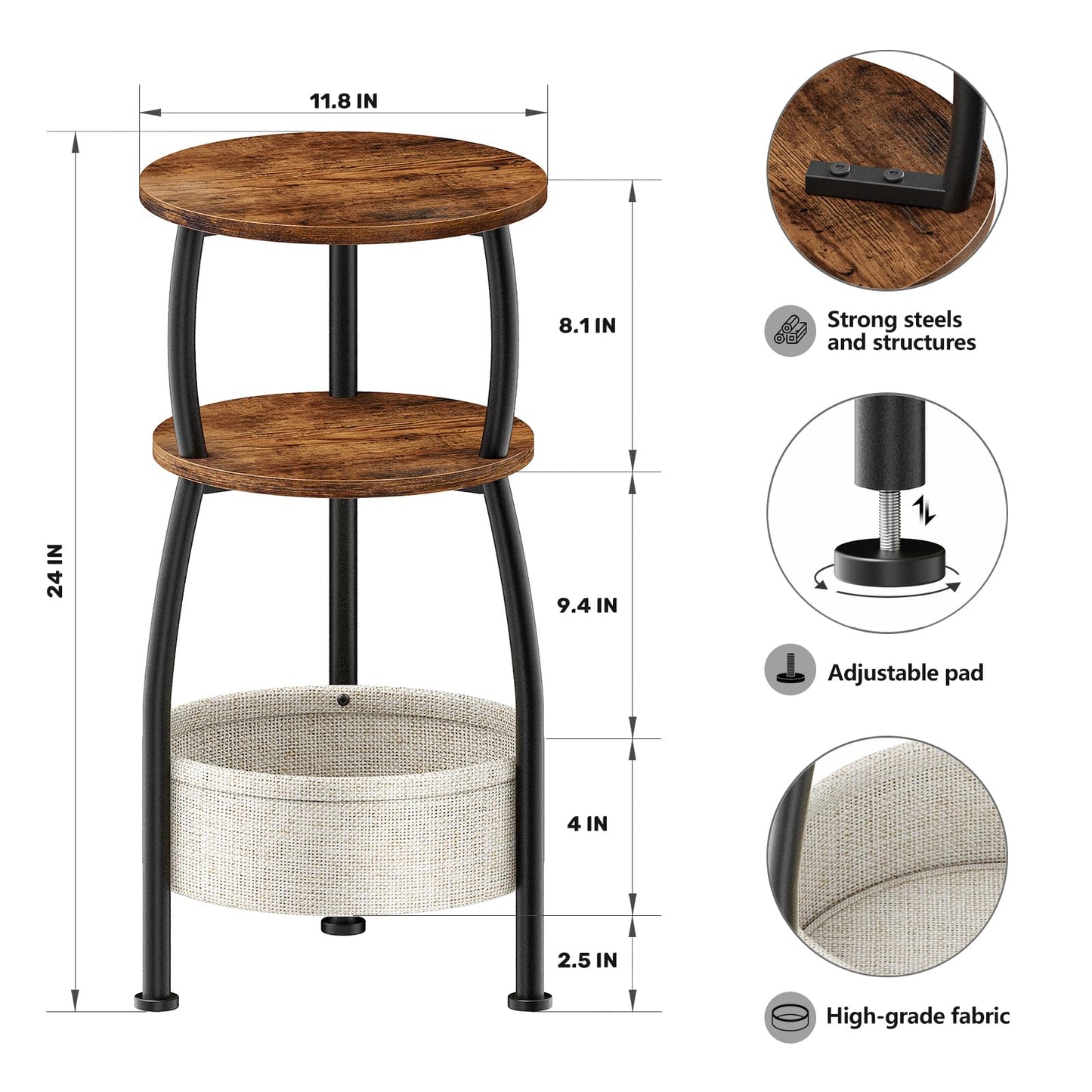 Yuede Side Table Living Room with Storage Basket, Round End Table 3-Tier Accent Nightstand Sofa Corner Table for Small Spaces, Bedroom, Narrow Spaces Coffee Table Rustic Brown