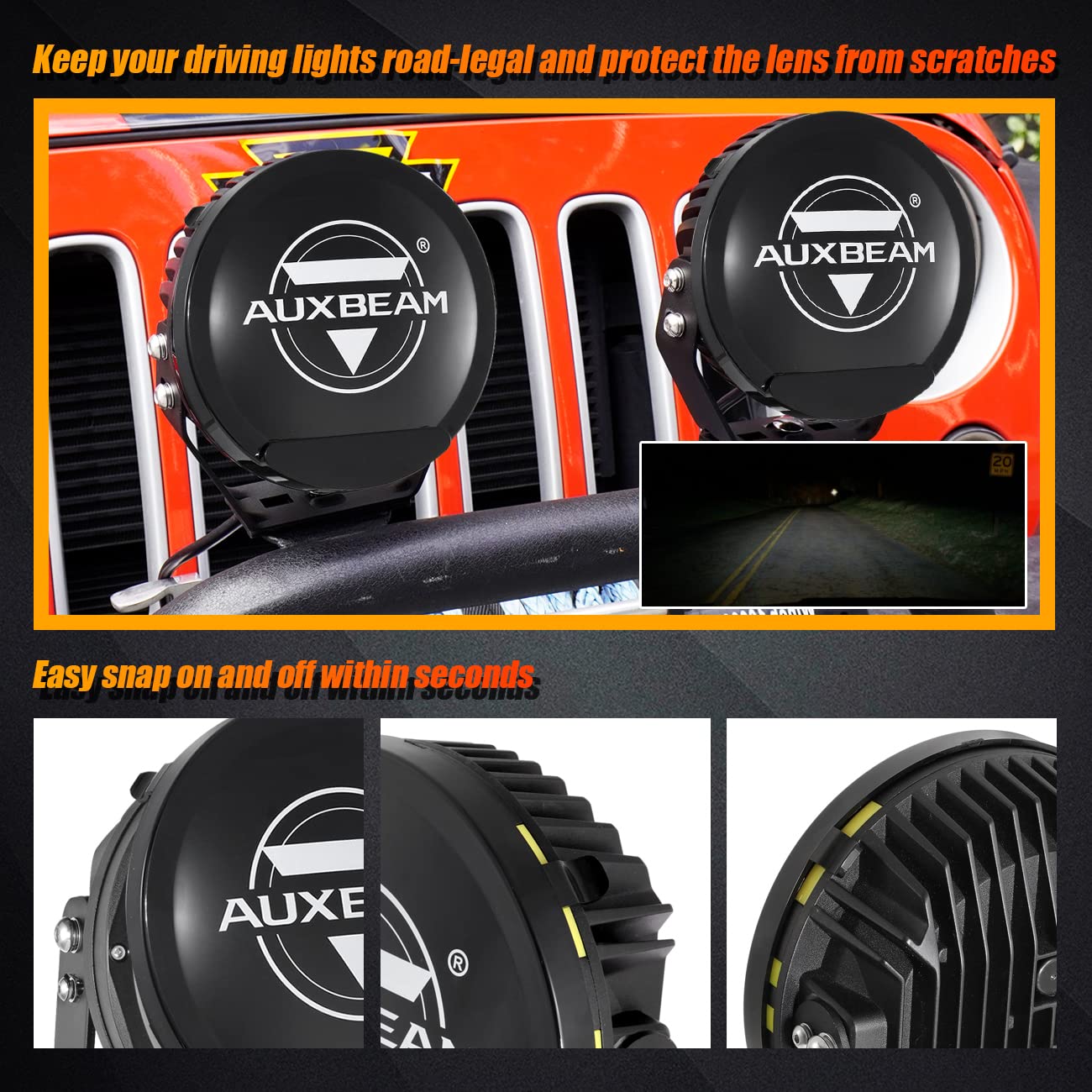 Round Offroad Light Covers, Auxbeam 7 Inch Black Lens Protective Cover with Logo Light Bar Protection Masks for 7" Round Driving Light Pods Bumper Work Light for Truck 4x4 Jeep Ford Car 1Pair/2Pcs