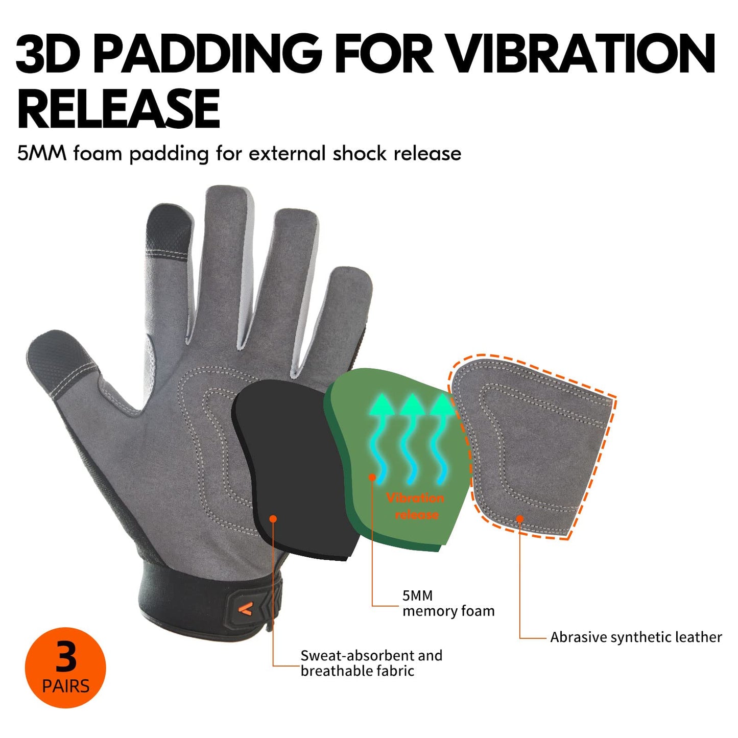 Vgo 3Pairs Safety Work Gloves,Builder Gloves,Gardening Gloves,Light Duty Mechanic Gloves(L,Black+Fluorescence Green+Orange,SL7584)