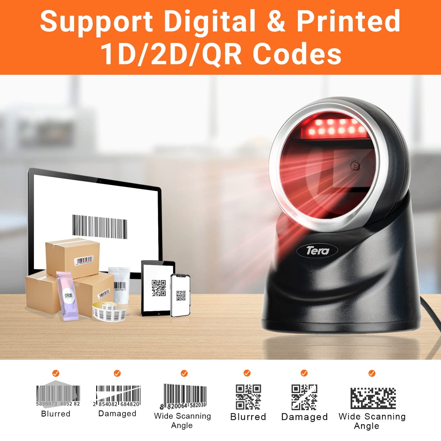 Tera 1D 2D QR Desktop Barcode Scanner Omnidirectional Hands-Free USB Wired Barcode Reader Scanner with Automatic Image Sensing Scanning Platform Scanner for POS Supermarket Library Retail Store 9100