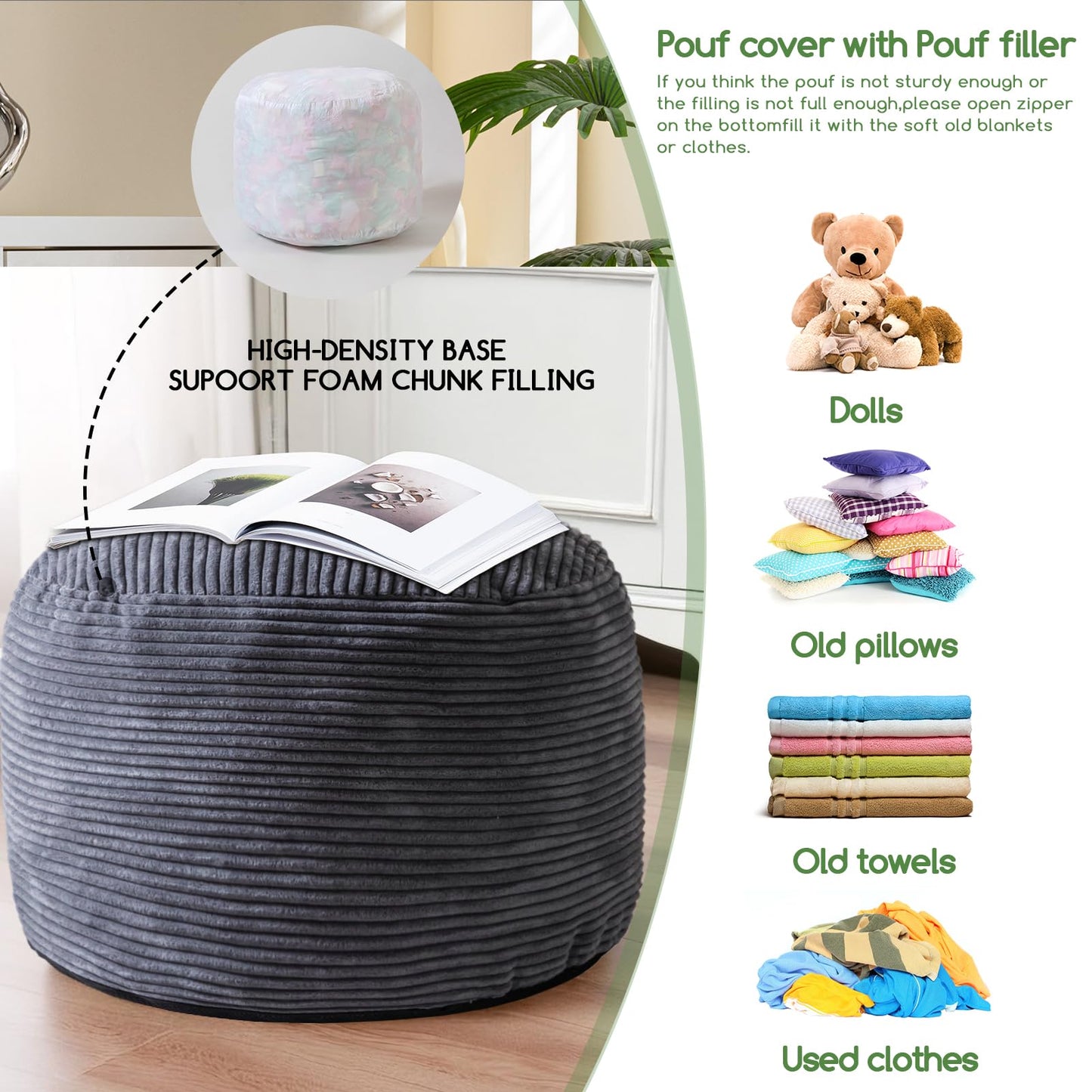 HIGOGOGO Corduroy Round Pouf Ottoman with Foam Chunk Filling, Furry and Fluffy Pouf Foot Stool, 20 X 15 Floor Poufs Foot Rest for Living Room, Dark Grey