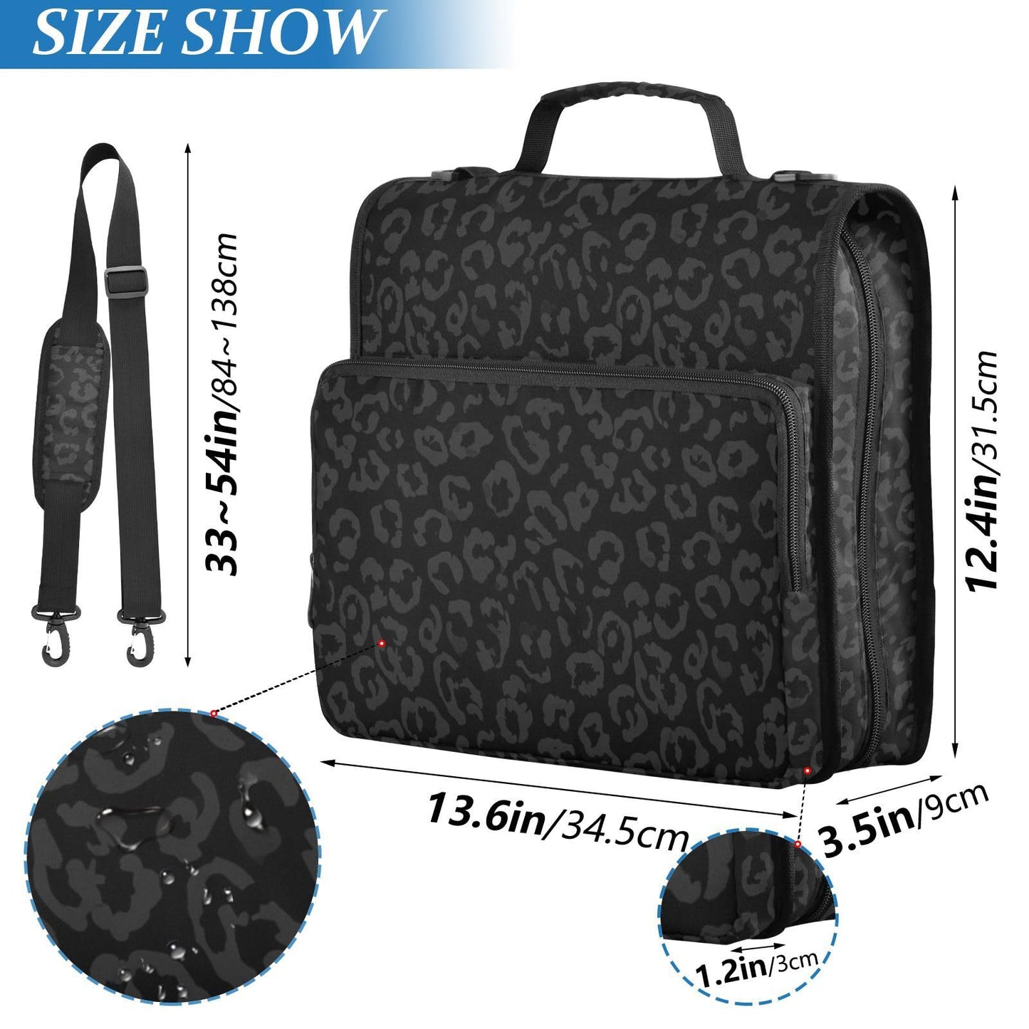 Leopard Black Zipper Binder Bag 3 Ring Large File Folder Organizer Portfolio Binder Bag with Shoulder Strap Fits Laptop 500 Sheets for Adult Outdoor Work Office Supplies