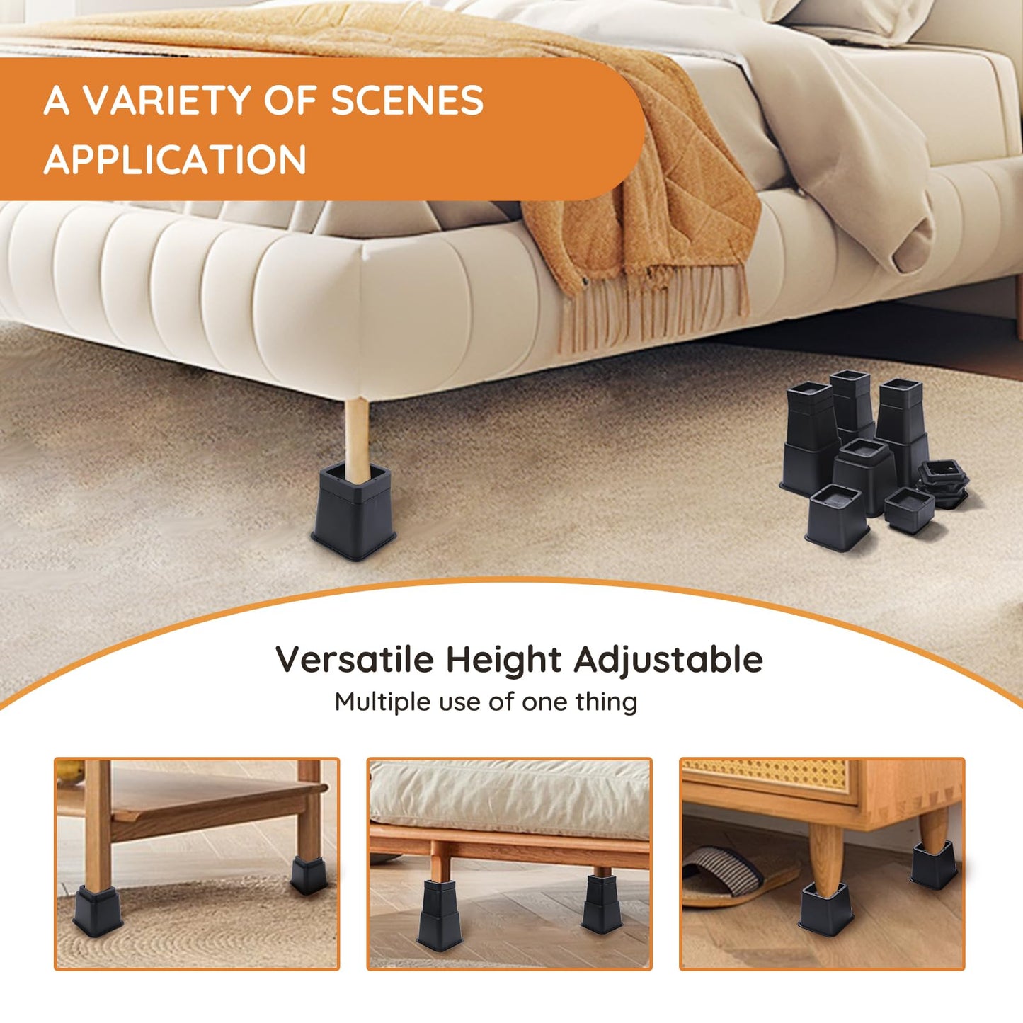 Bed Risers, Oversized Furniture Risers, 1/2/3/4/5/6/7/8/9/10 inches Adjustable Raise Blocks for Bed Couch Desk Sofa Table Lifts, Furniture Legs Lifters Support up to 6000 Lbs (Black, 4 Pack Set)