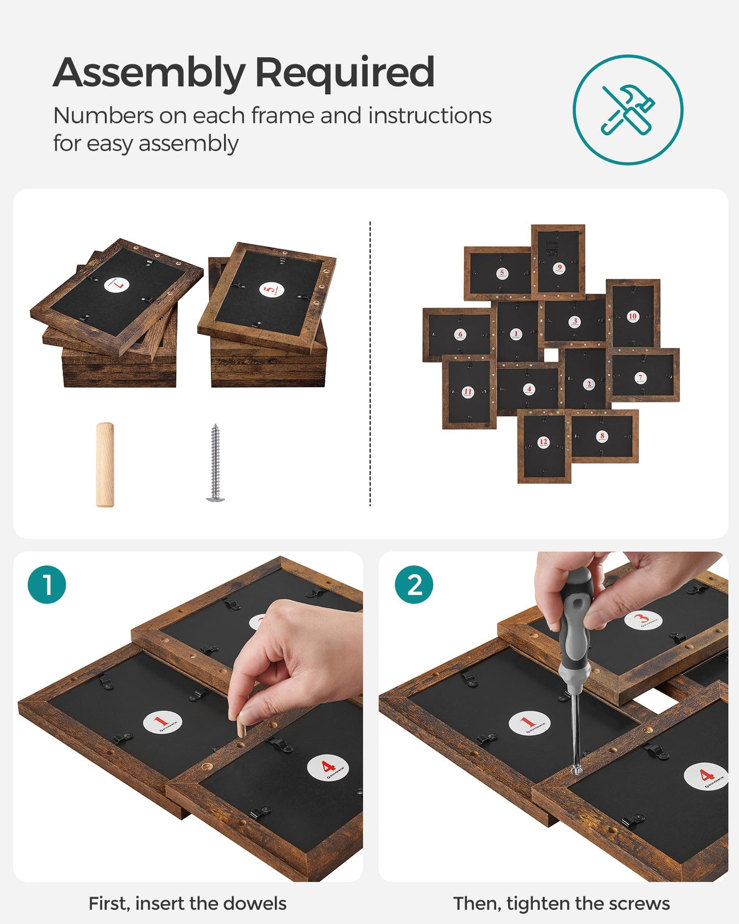 SONGMICS 4x6 Collage Picture Frames, 12-Pack Picture Frames Collage for Wall Decor, Photo Collage Frame, Rustic Brown