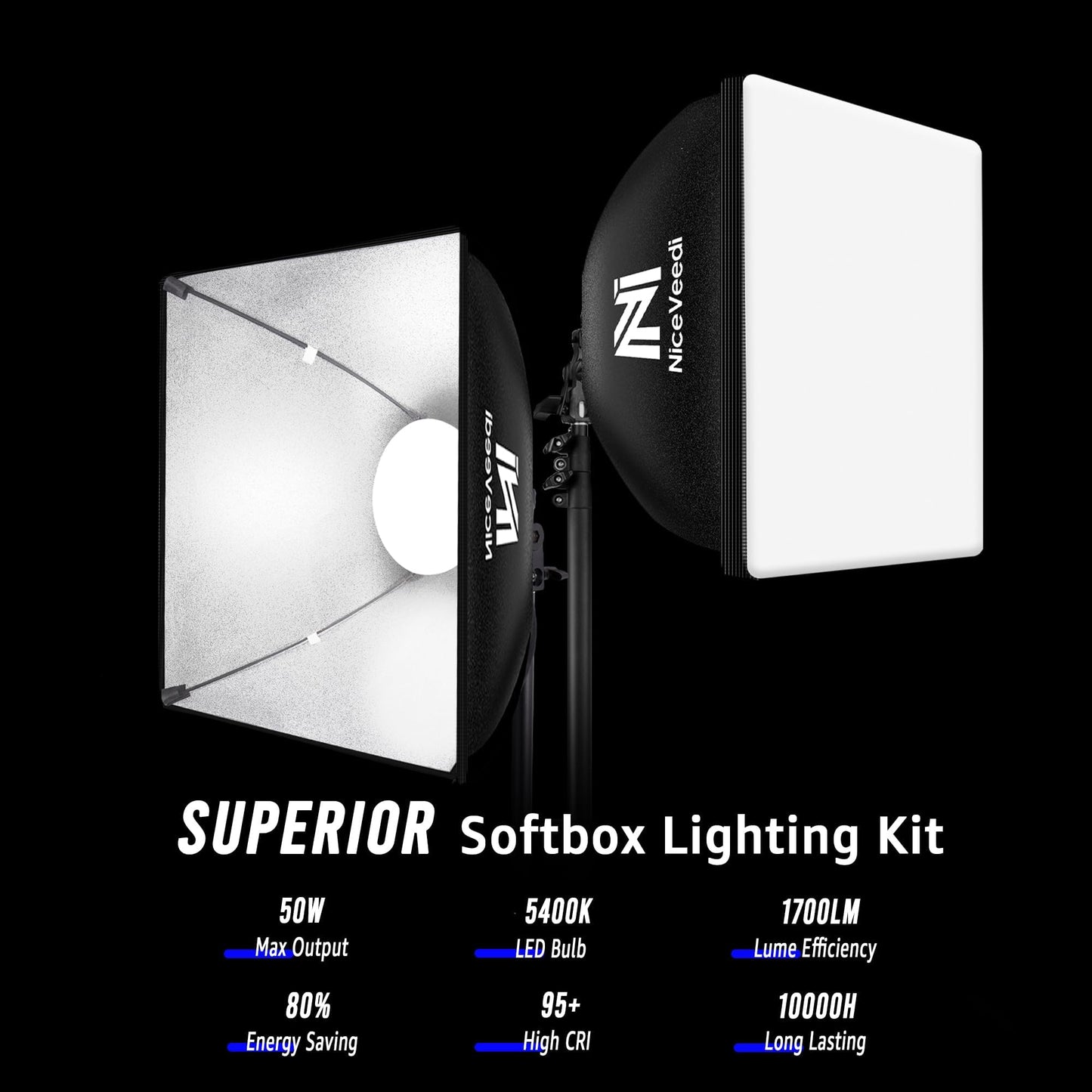 Softbox Lighting Kit, NiceVeedi 2-Pack 16'' x 16'' Softbox Photography Lighting Kit with 63” Tripod Stand & 5400K 450W Equivalent LED Bulb, Continuous Lighting for Photography/Video Record