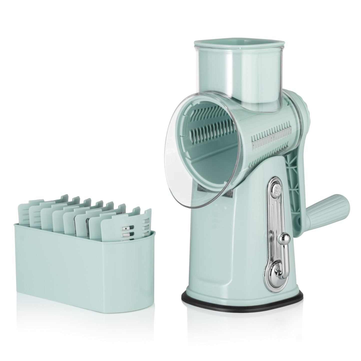 Rotary Cheese Grater 5-in-1 with Handle – Vegetable Slicer, Shredder, Carrot Grater, Nut Grinder & Chocolate Shaver, Durable Stainless Steel Blades (Light Green)