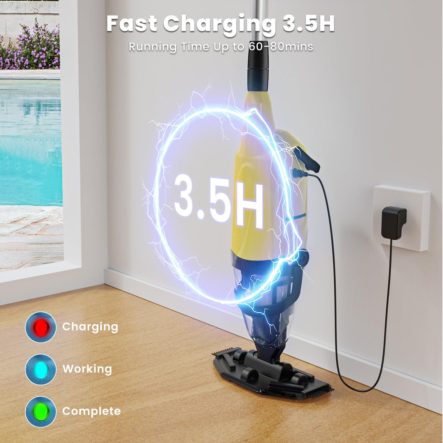 Cordless Pool Vacuum Cleaner for Above Ground Pool & In Ground Rechargeable Pool Vacuum Cleaner - 90 Mins Runtime, with 69" Telescopic Pole, Spa Vacuum for Hot Tub- Fast 3H Charge (Yellow)