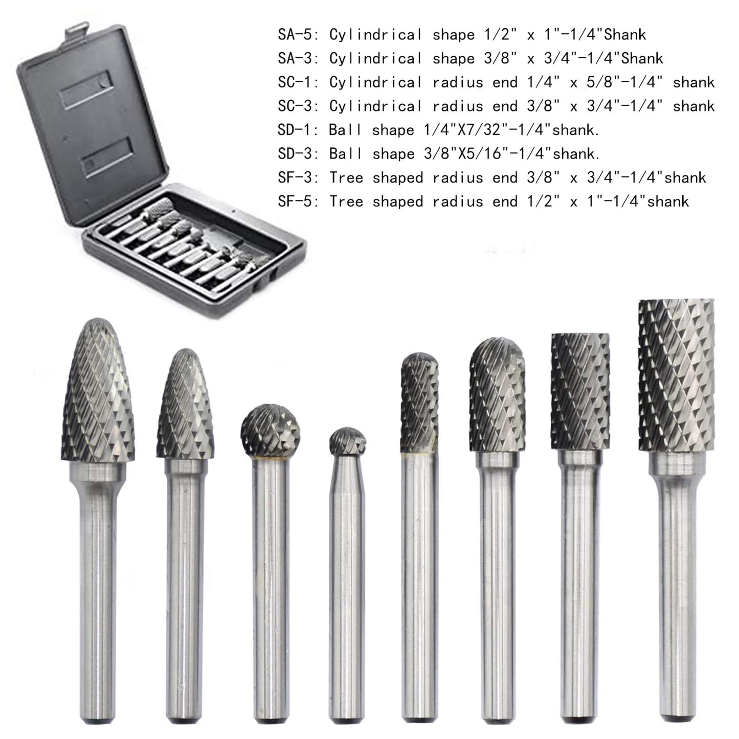 Die Grinder Bits, Carbide Rotary Burr Set 1/4 Shank, 8PCS Double Cut Deburr Bits Grinding Tool for Metal Wood Jade Carving Engraving Polishing Drilling Milling Cutting