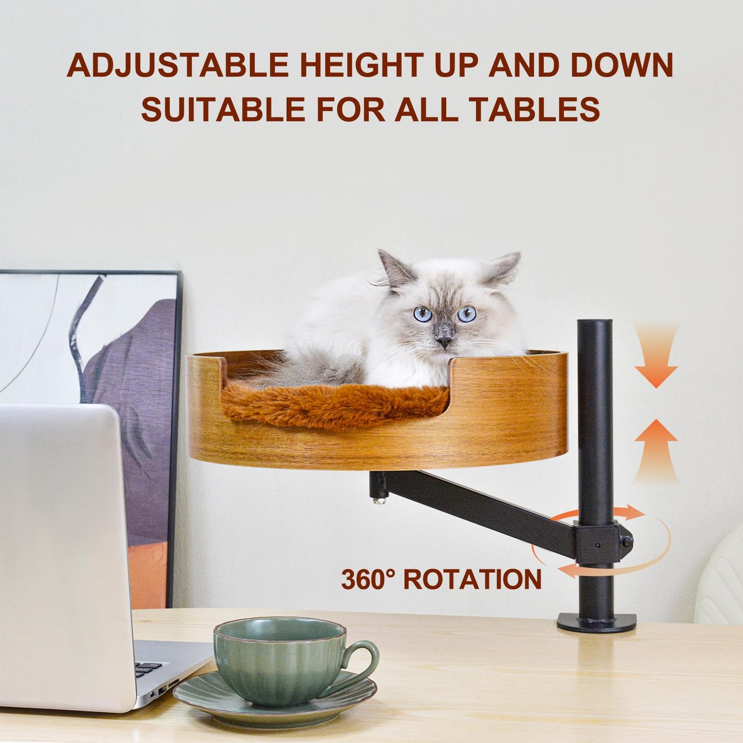 Cat Bed Desk with Pet Mat, Cat Hammock for Desk, Cat Bed Desk with Wooden Bowl, 360° Rotation and Adjustable Height