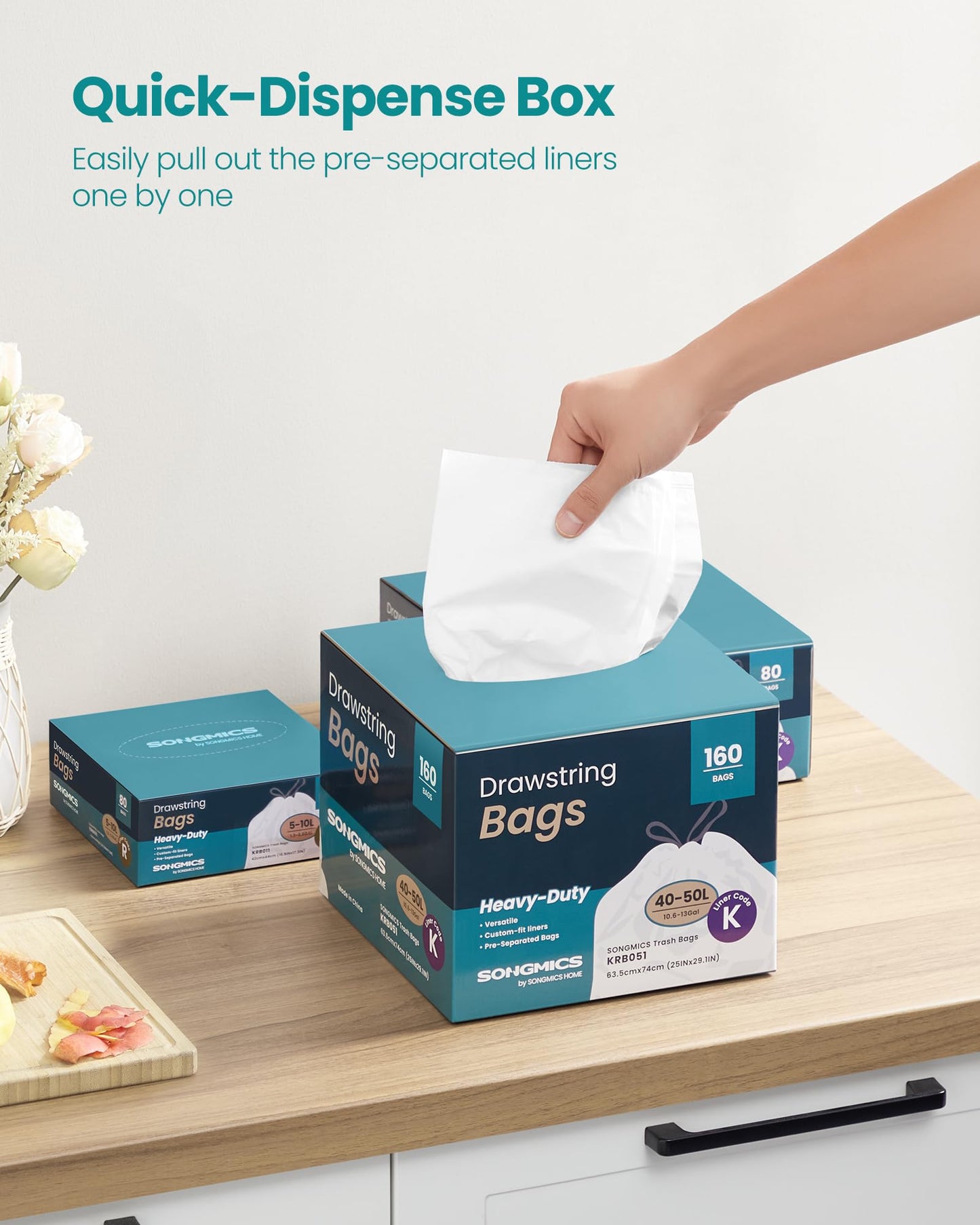 SONGMICS Trash Bags for 13-Gallon (50 L) Trash Cans, 160 Count, Drawstring Kitchen Garbage Bags, Quick-Dispense Box, Liner Code K, Cream White UKRB051A04