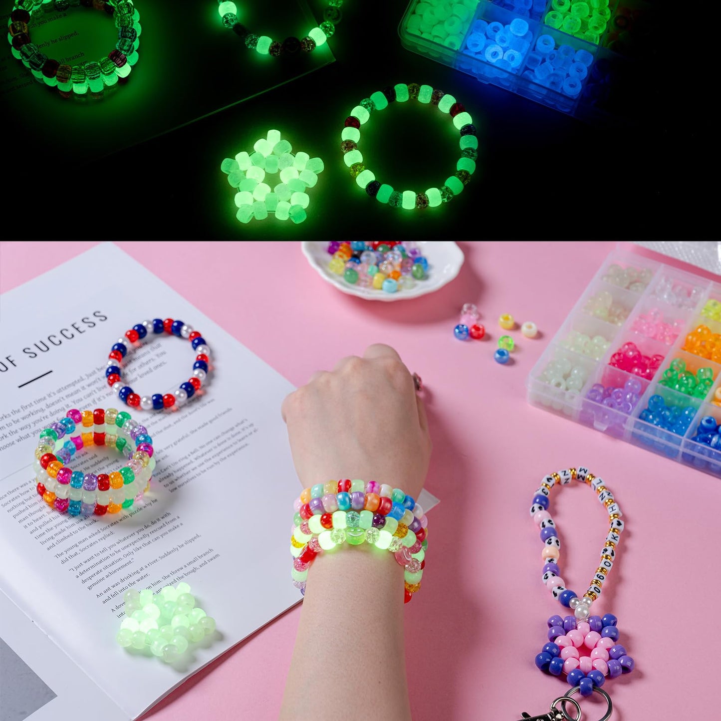 6 Boxes Bracelet Making Kit Pony Beads, 8mm Kandi Rave & Hair Beads Set with UV Color Changing, Glow-in-Dark, Chrome & Alphabet Letters for Friendship Jewelry DIY Crafts