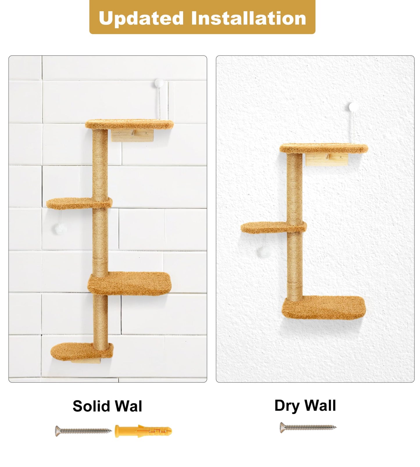 Brown Wall Mounted Cat Wall Climber & Tree for Kittens, 4 Platform Cat Shelves with Brown Plush Cushions, Floating Furniture for Climbing, Lounging, Scratching – 125 cm