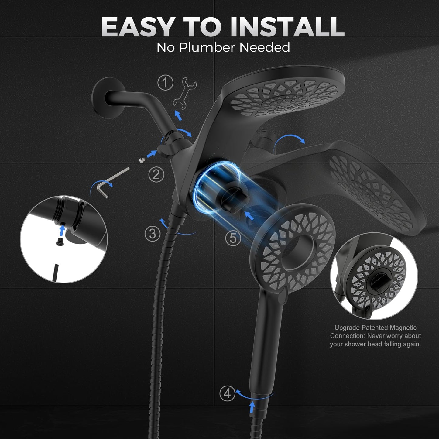 High Pressure Shower Head with Handheld : Rain Shower Head with 10 Sprays Modes - Dual Showerhead with Upgrade Knob Spray Mode Selector and Magnetic Guidance Docking System