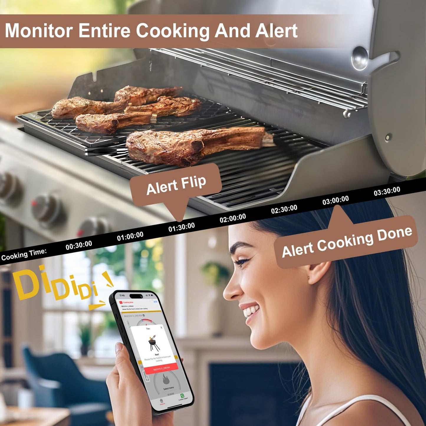 BBQOVN WiFi Bluetooth Wireless Meat Thermometer Unlimited Range, Check Temp Anywhere,7 NIST Certified Sensors with Ambient Temp, Monitor for BBQ, Grill, Oven, Smoker, Air Fryer (Black)