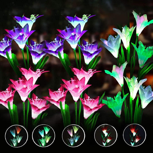 ANGMLN 6 Pack Solar Flowers Lights Garden Stake Outdoor 24 Head Lily 7 Color Changing Pathway Lamps for Garden Patio Yard Party Wedding Holiday Outdoor Decoration (Purple2&White2&Pink2)