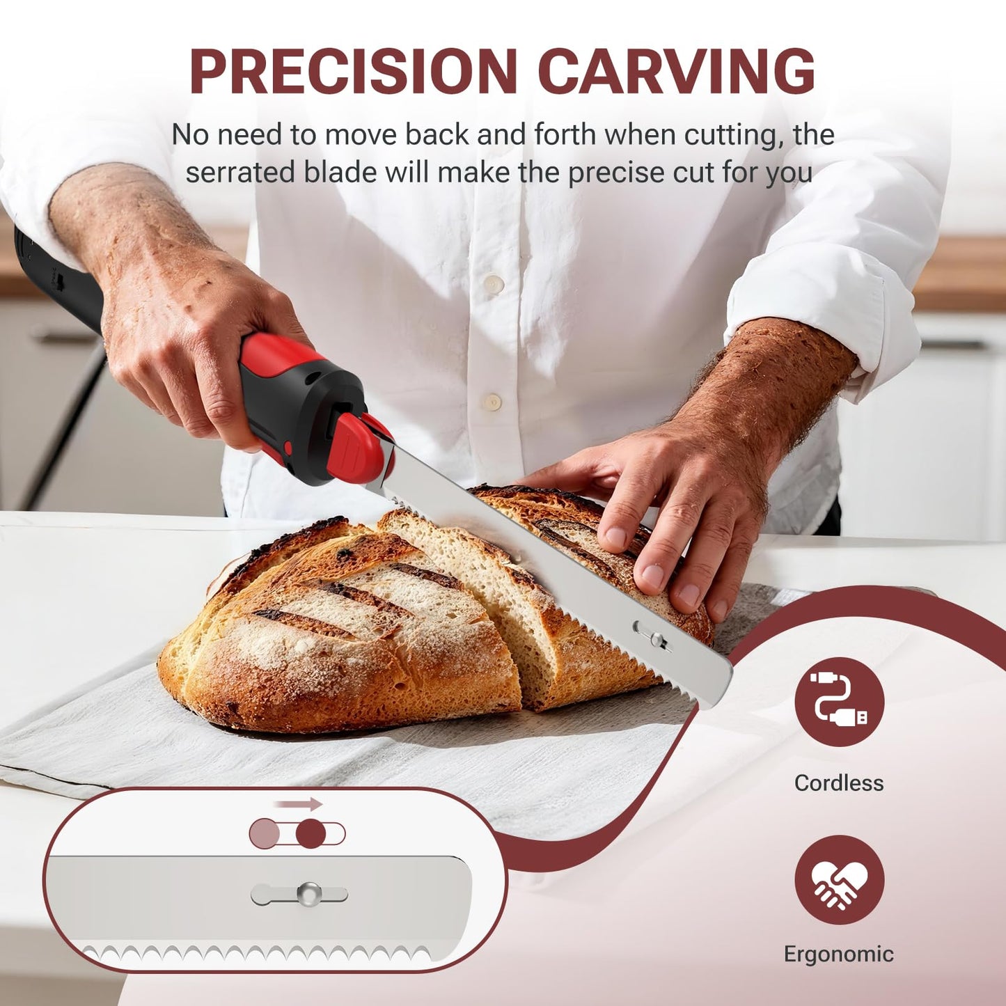 VLOXO Cordless Electric Knife for Bread and Meat Slicing, Rechargeable Electric Carving Knife with Safety Lock & 2 Reciprocating Blades, Ergonomic Anti-Slip Meat Cutter for Turkey, Fish Fillet, Steak