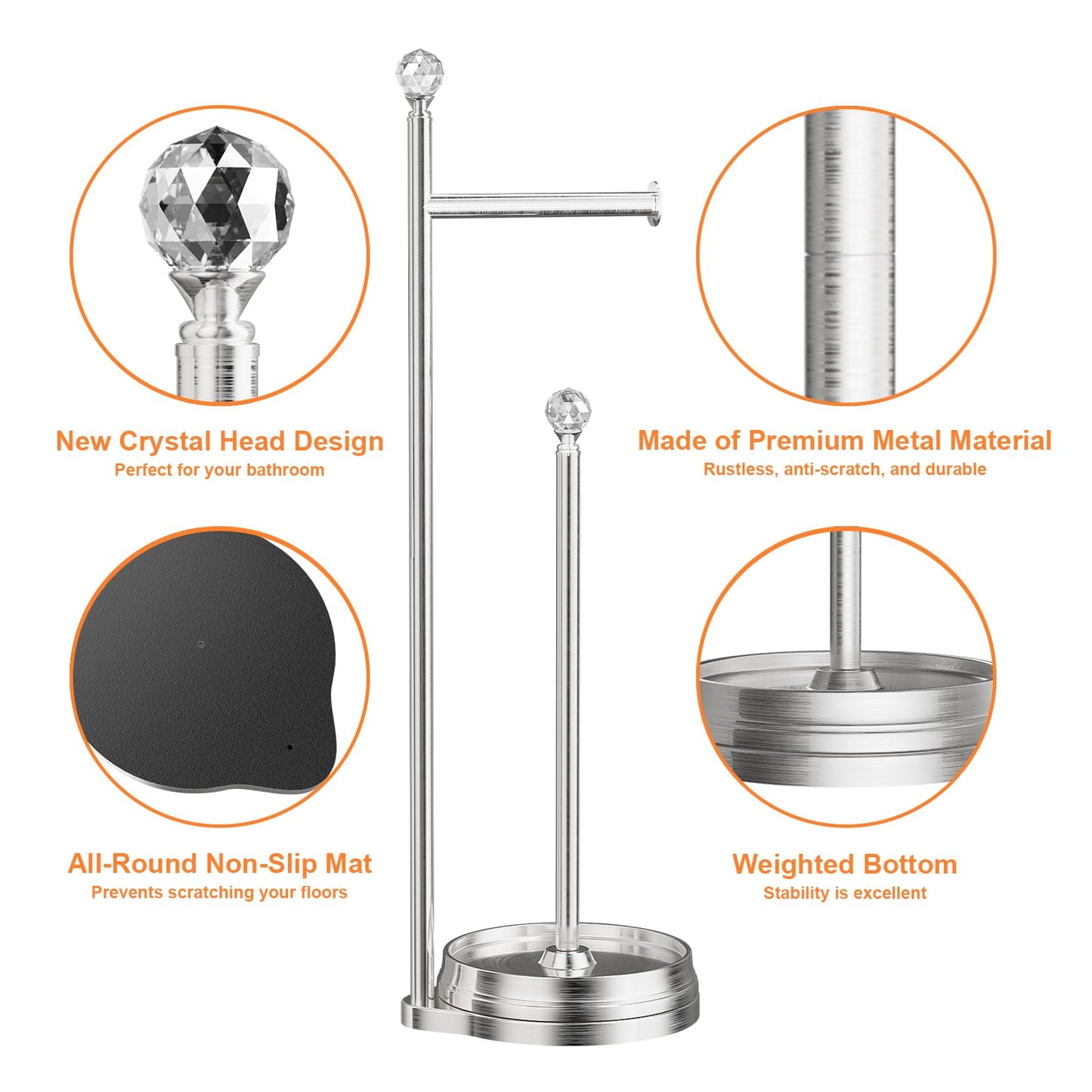 Kasunto Toilet Paper Holder for Bathroom, Heavy Weighted Metal Free Standing Toilet Paper Holder Stand with Crystal Ball, Toilet Paper Roll Stand for Bathroom Accessories