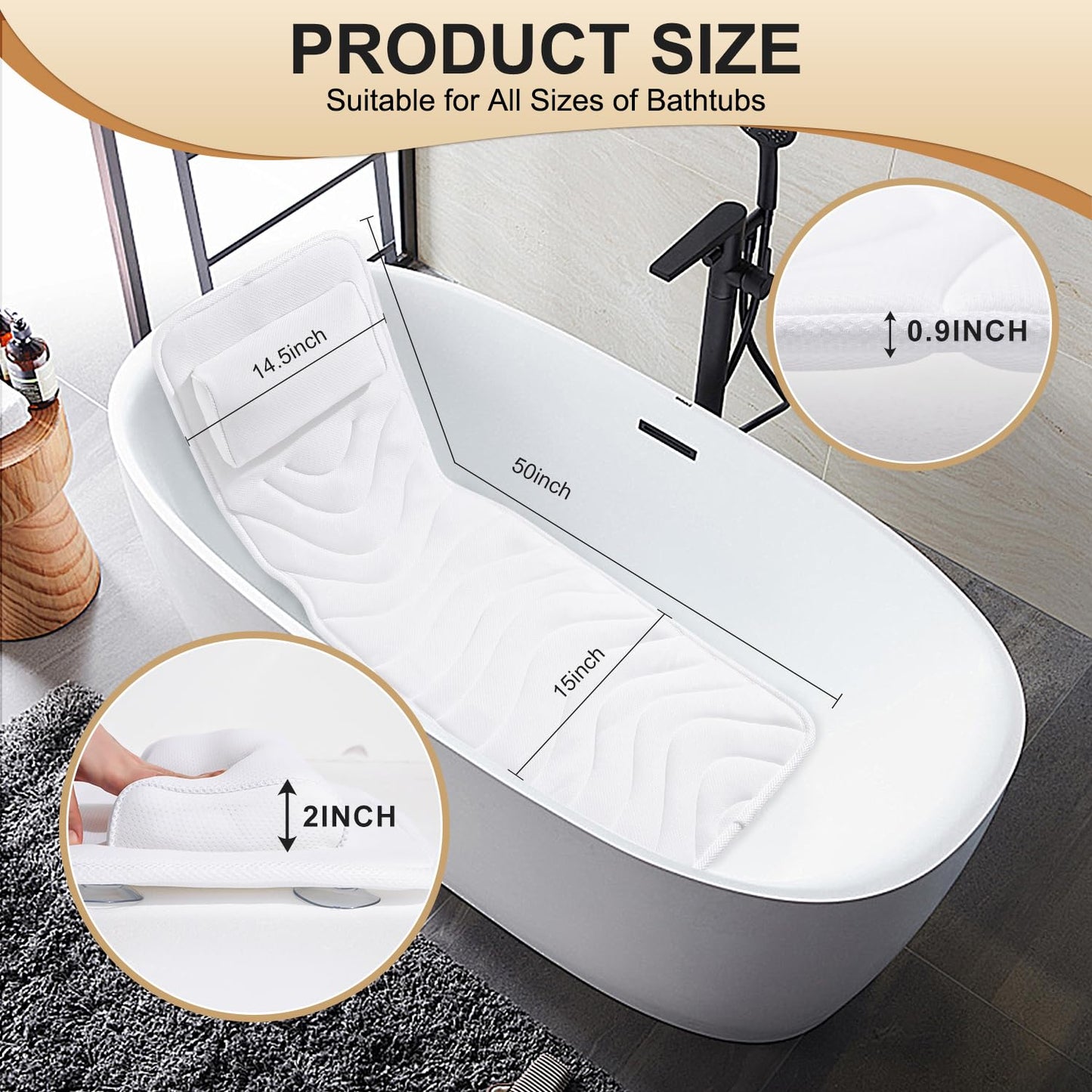 Full Body Bath Pillow, Non-Slip Bath Cushion for Tub, Luxury Spa Bathtub Mattress for Head Neck Shoulder and Back Rest Support，Comfortable Hot Tub Accessories – 50"x 15" (White-Full Body Bath Pillow)