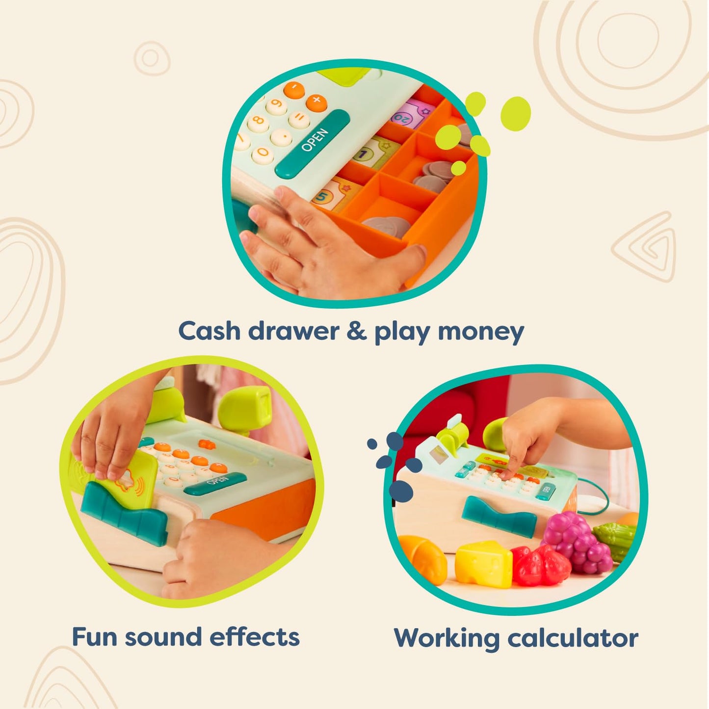 B. Toys – Cashier Playset – Pretend Play Cash Register – Play Money, Calculator, Scanner – Role – Play Cashier Set – Learning Toys for Kids – 3+ Years(30 Pieces)