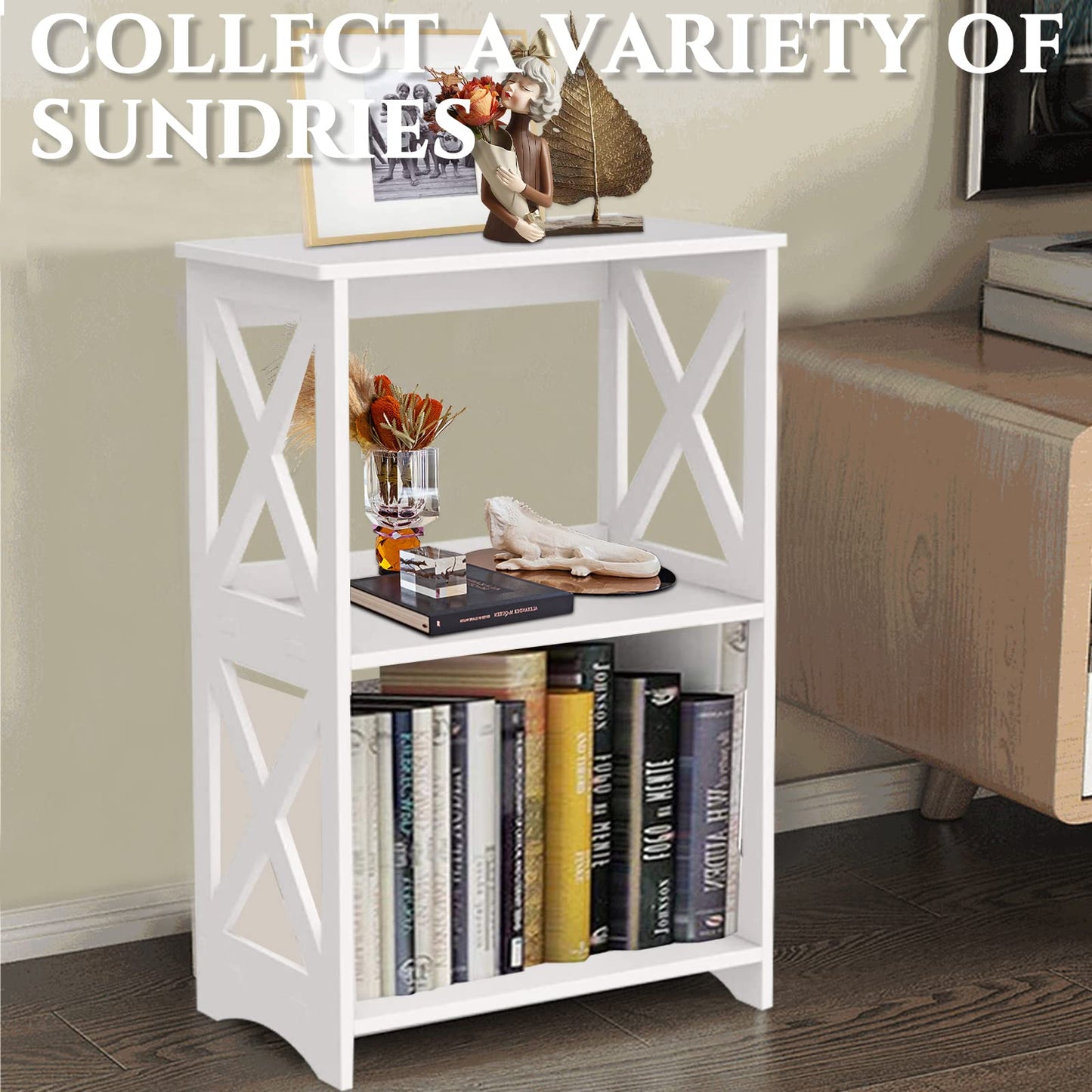 OKSTENCK Small Bookshelf Bookcase 2 Layers, White Side Table, Bedside Table, End Table, Suitable for Living Room, Bedroom, Office.