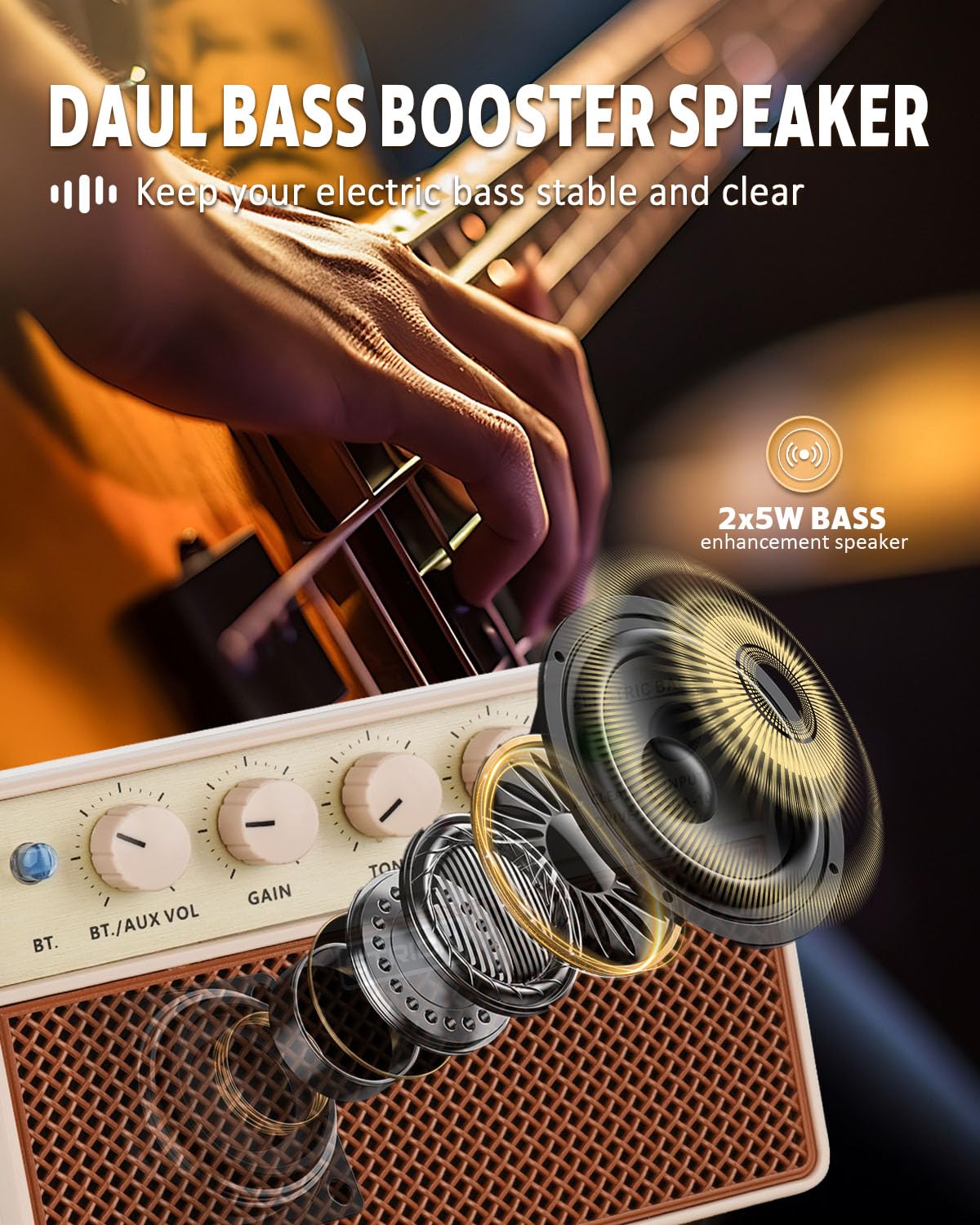 STRICH 2 x 5 W Mini Bass Amp - Portable, Rechargeable Bass Practice Amplifier with Clean & Drive Channels, 1/8 Headphone Output for Beginner, Brown