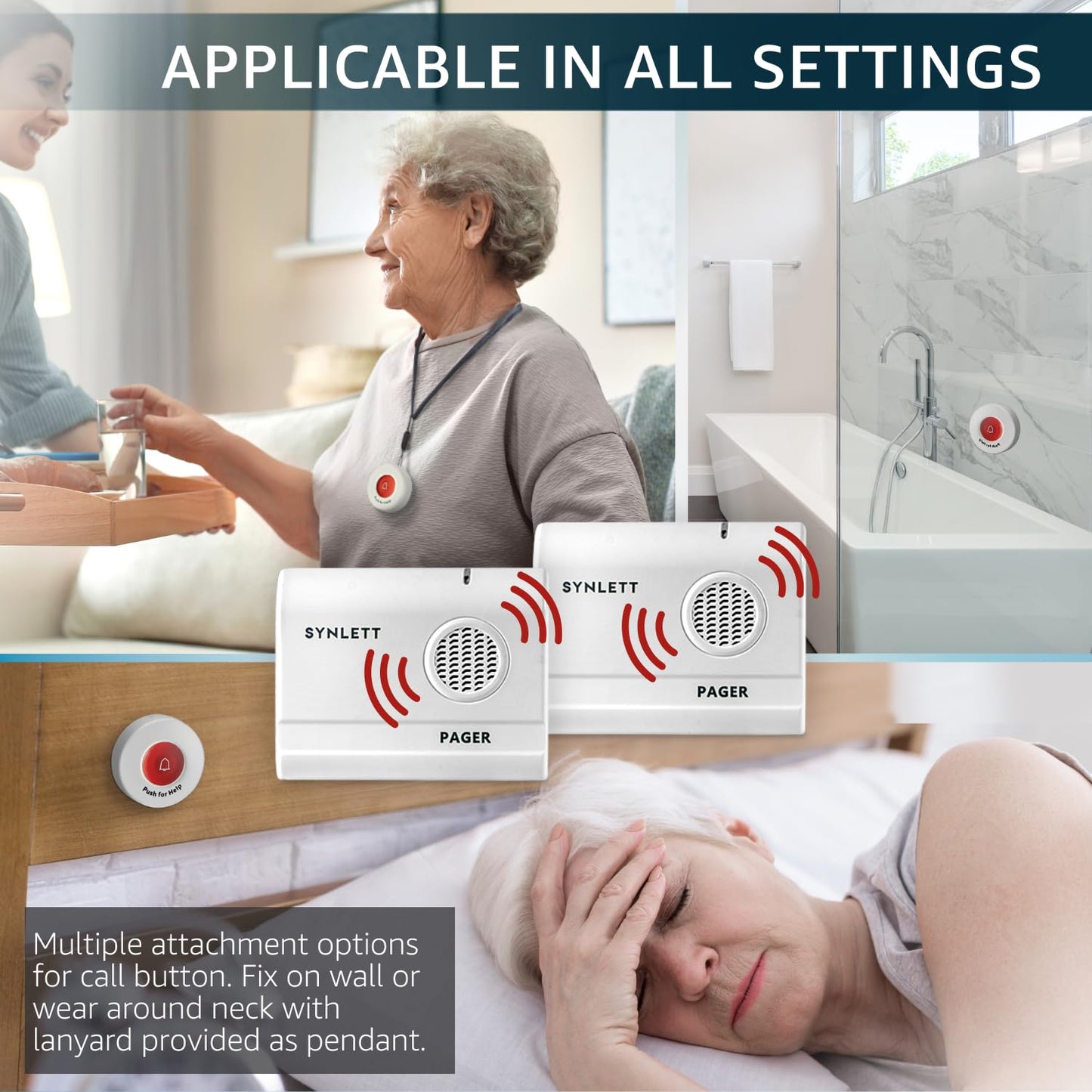 SYNLETT Caregiver Pager Wireless Nurse Call Buttons for Elderly Monitoring SOS Alert System Portable Alarm Call Bell for Nursing Home Care Seniors Patients Emergency 3 Call Buttons & 2 Pagers