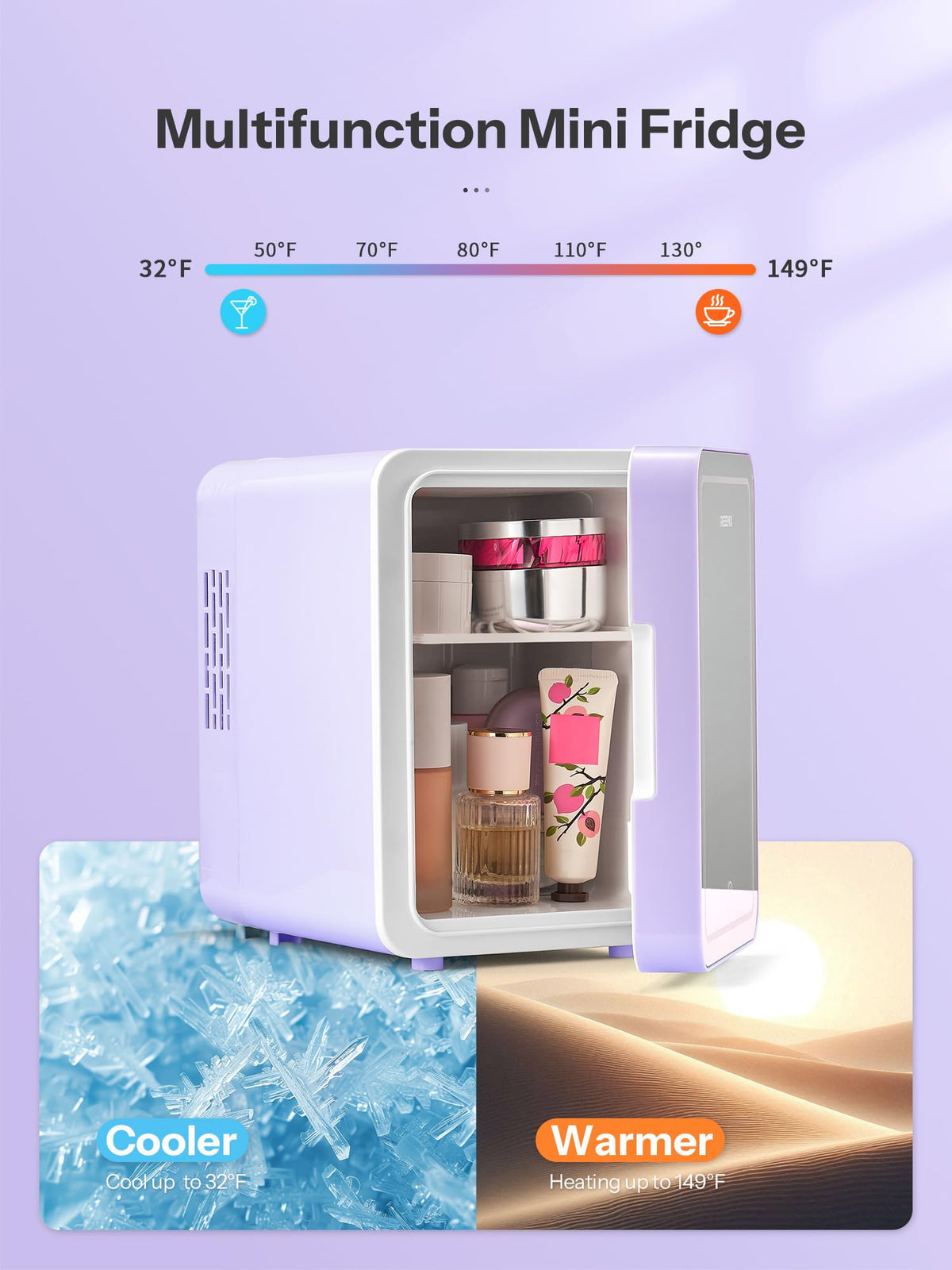Reemix Skincare Mini Fridge With Dimmable LED Mirror, 4L Mini Makeup Refrigerator for SkinCare, Cosmetics, Food & Drinks, Portable Small Refrigerator for Bedroom, Dorm, Car, Office (Purple)