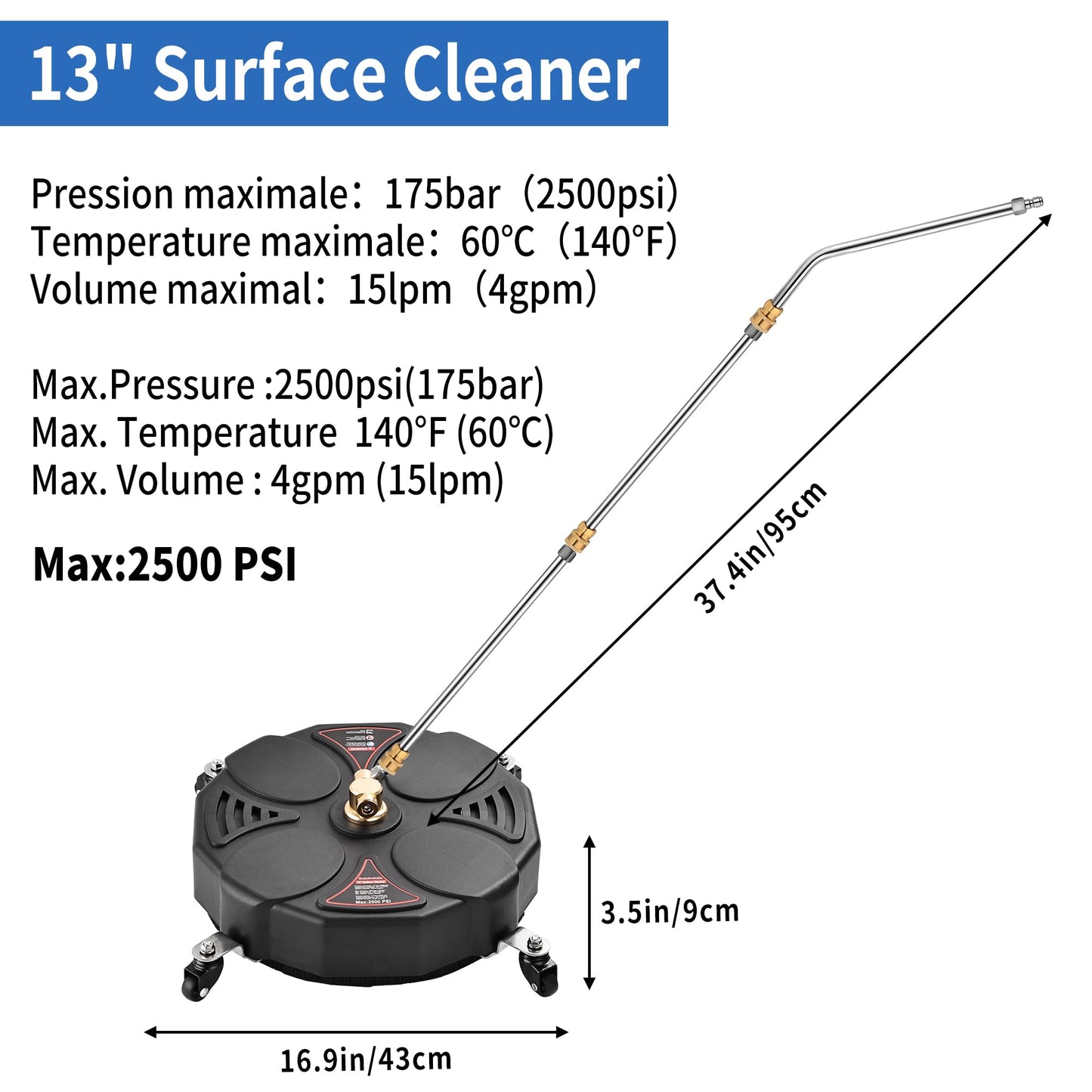 13" Pressure Washer Surface Cleaner Attachments,Balabulala 2500 PSI Power Surface Cleaner,with 4 Wheels 1/4" Quick Connector 2 Extension Wands for Decks,and Patios