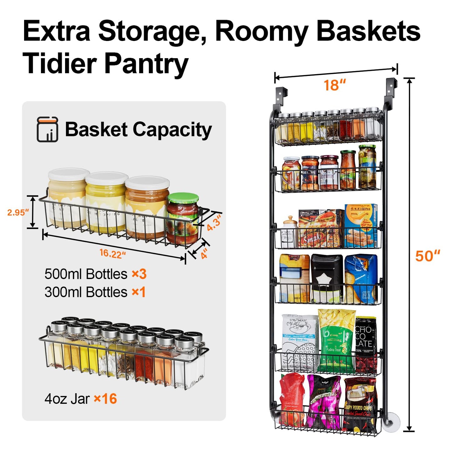 Delamu Over the Door Pantry Organizer, 6 Tier Pantry Organizers and Storage, Metal Cabinet Door Organizer, Hanging Spice Rack Shelves for Home & Kitchen, D4.65xW18xH50inch, Black