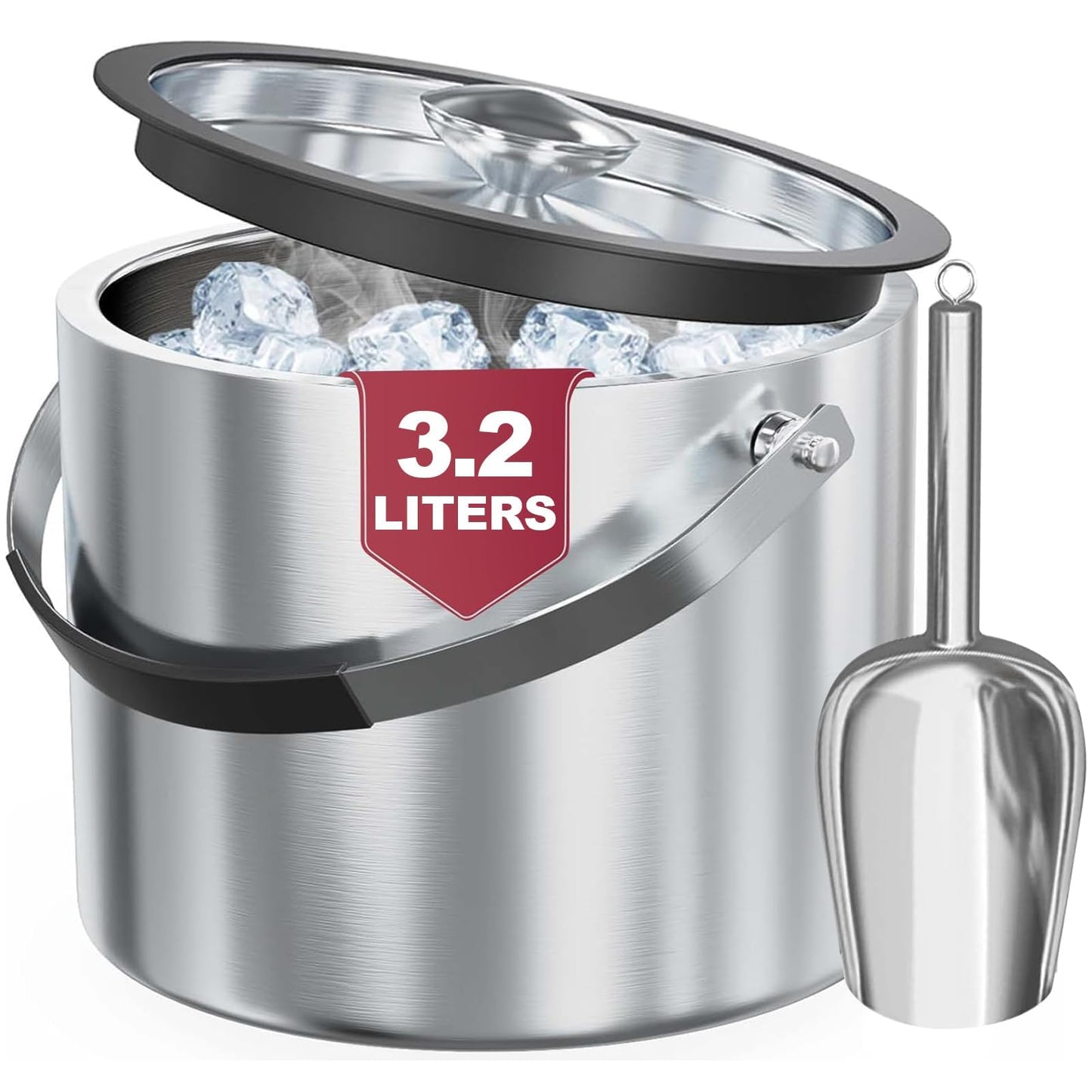 Ice Bucket with Lid and Scoop, 3.2L Double Wall Insulated Stainless Steel Ice Bucket Champagne Bucket for Cocktail Bar and Parties