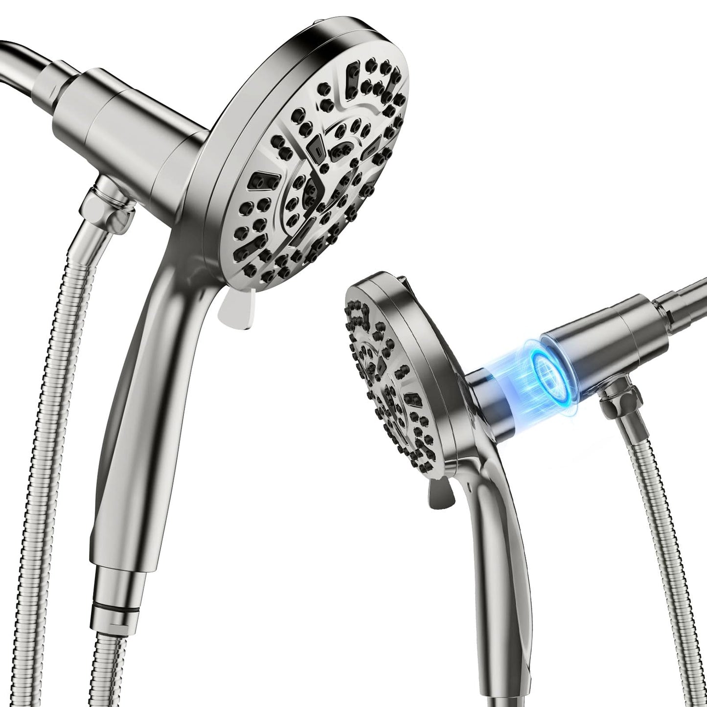 High Pressure 10 Ways Handheld Shower Head Brushed Nickel- Anti-Clog Nozzles,Wall & Overhead Brackets,Magnetitc Rainfall Shower Wand,Built-in 2 Power Jet (Brushed Nickel)