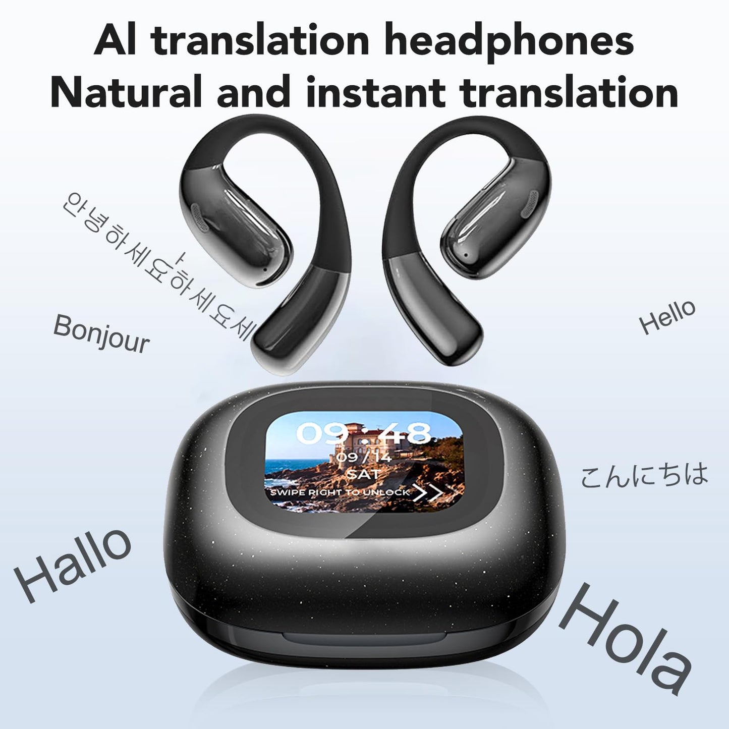 AI Language Translation Earbuds, Open Ear Earphones, LCD Touchscreen Bluetooth 5.4 Translator Earbuds, Real-time Translation for 142 Languages & Accents, for Business, Meeting, Travel