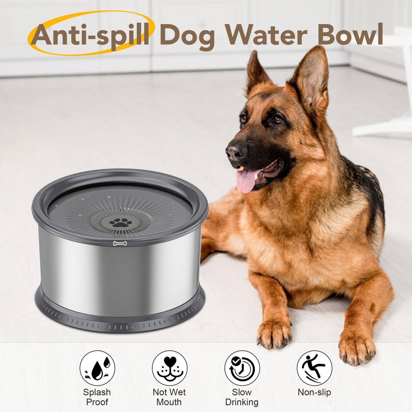 Twinsing 1.6 Gallon Dog Water Bowl, 6.5L/220oz Stainless Steel No Spill Water Bowl for Large Dogs, Super Large Capacity Splash Proof Pet Slow Drinking Water Bowl with Anti-Slip Mat for Mess Drinkers