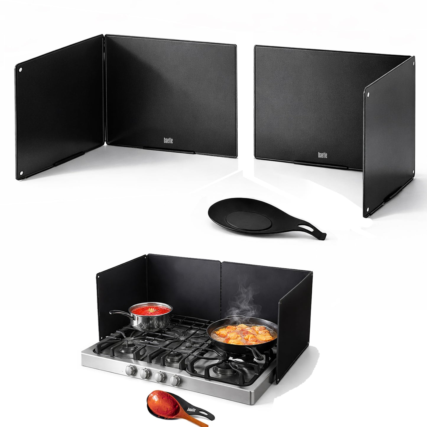 Extra Large Foldable Stainless Steel Oil Splash Shield for Stove Top & Frying, Heavy-Duty Nonstick Stove Backsplash Protector [Set of 2 with 2 Panels Each - 15.7” x 15.7”] with Spoon Rest.