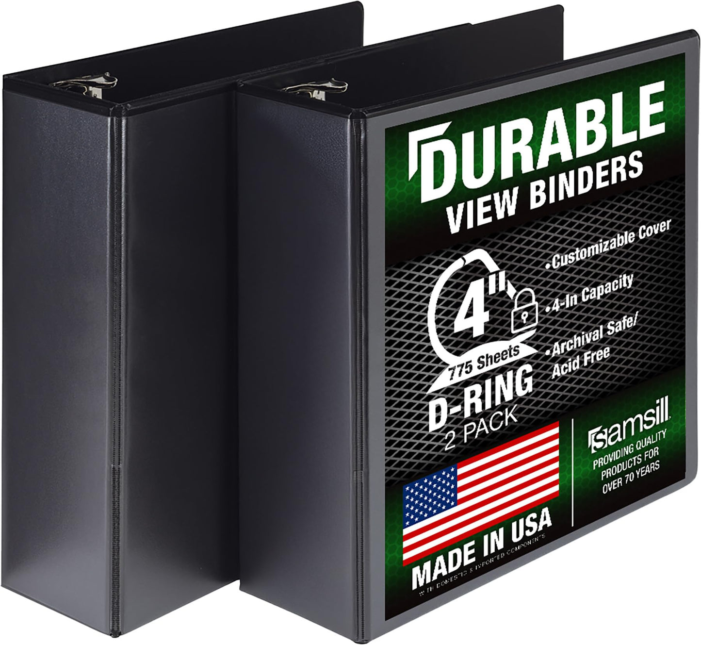 Samsill Durable 4 inch 3 Ring Binder, Made in USA, D Ring Binder, FSC 100% Recycled Chipboard, Black, 2 Pack