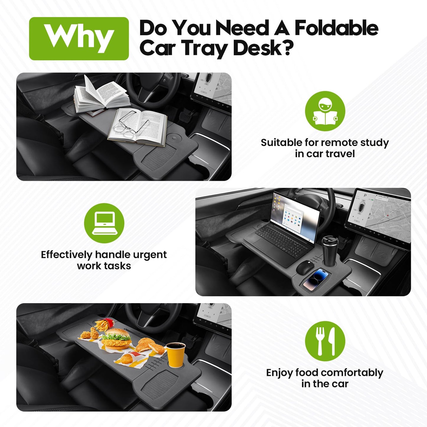 Cacartist Foldable Car Tray Custom Fit for Tesla Model 3 Model Y Accessories 2025 Upgraded Foldable Car Tray Desk Steering Wheel Table for Travel Remote Work Camping