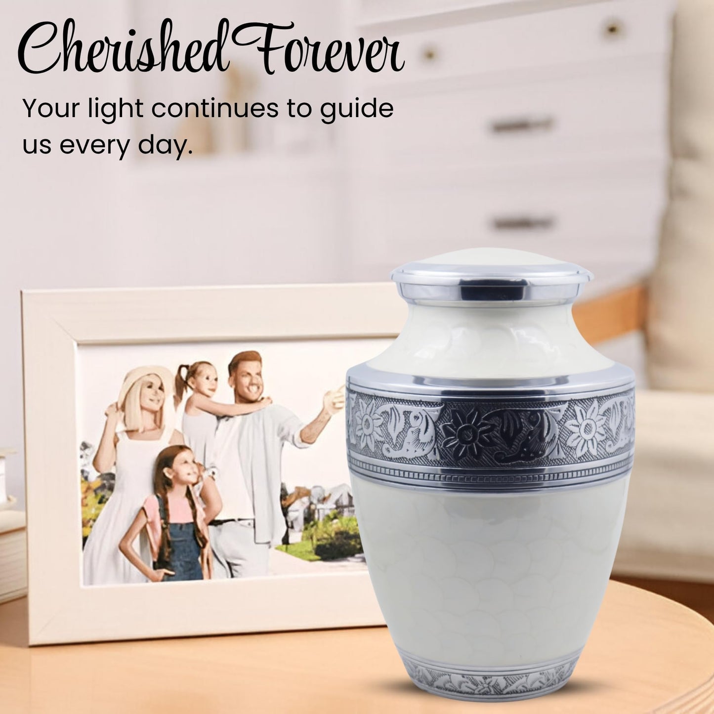 Hind Handicrafts Silver Engraved Cremation Urn - Adult Funeral Urn - Pearl White - Floral Pattern - 7" x 7" x 10" - 200 cubic inches