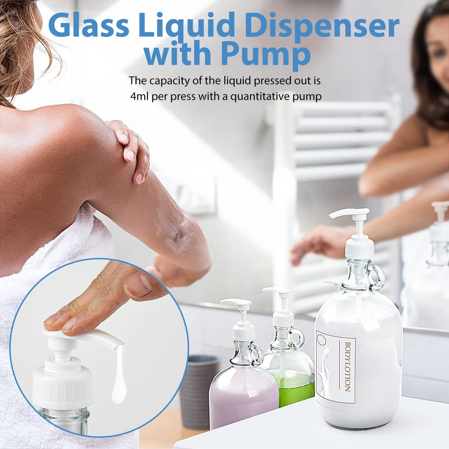 Sovietiep Half Gallon Glass Soap Dispenser, 64 Oz Glass Pump Bottle for Laundry Detergent Dispenser w 4 Pumps and 2 Airtight Lids, Bathroom, Kitchen, Laundry Room(Extra Labels and Funnel) - Set of 2