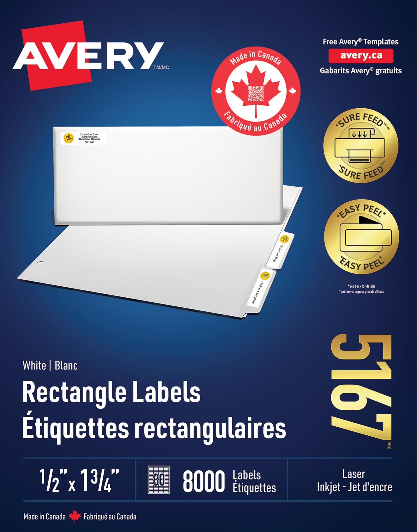 Avery White Rectangle Labels with Easy Peel for Laser/Inkjet Printers, 1-3/4" x 1/2", 8000 Labels, Permanent (5167) Made in Canada