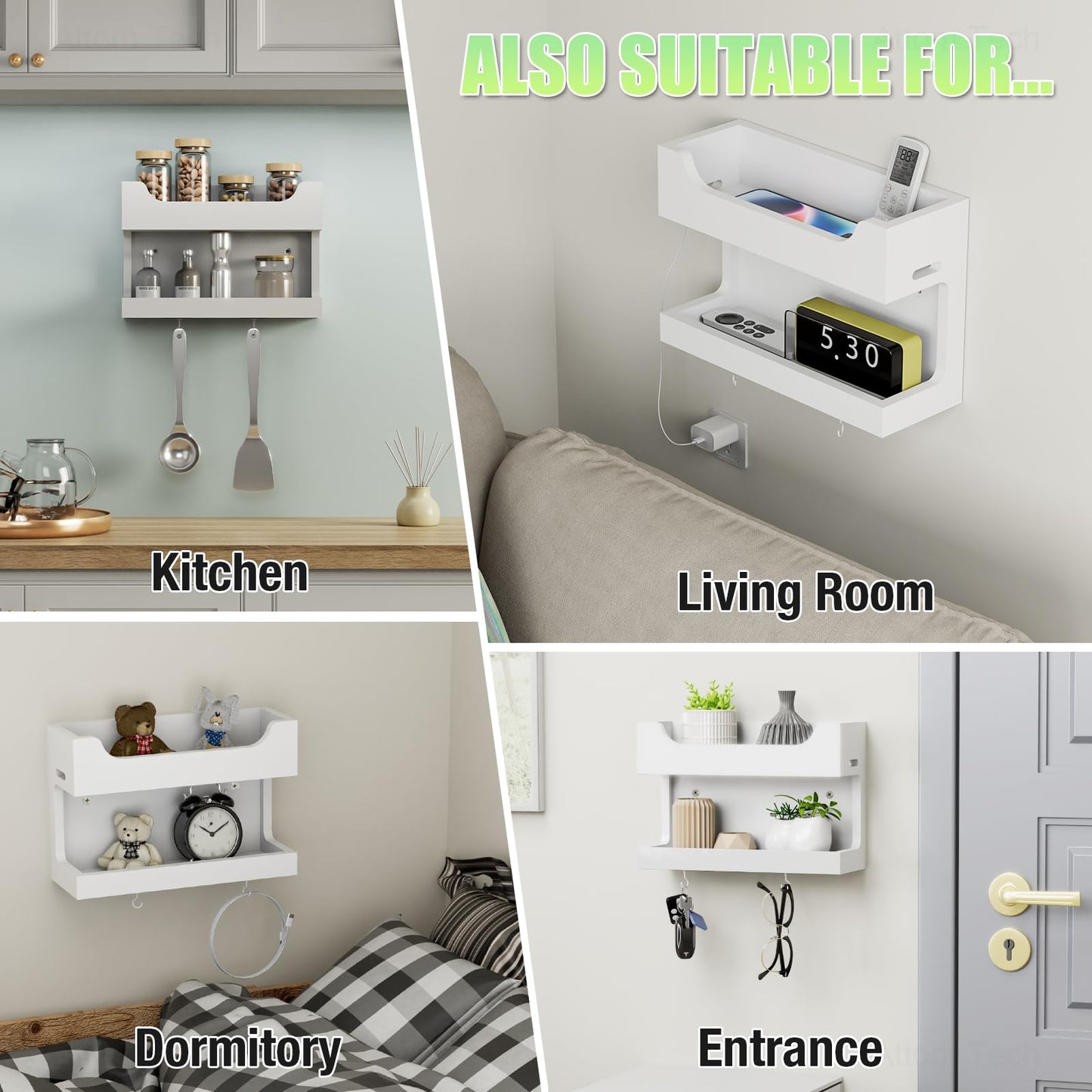 NiHome Wall Mounted Wooden Bedside Accessories Organizer, Double Tray Bedside Wall Storage Shelf Rack with Magnetic Hooks,Bedroom Dorm RV Wall Caddy Holder for Phone Glasses Alarm Clock Remote (White)