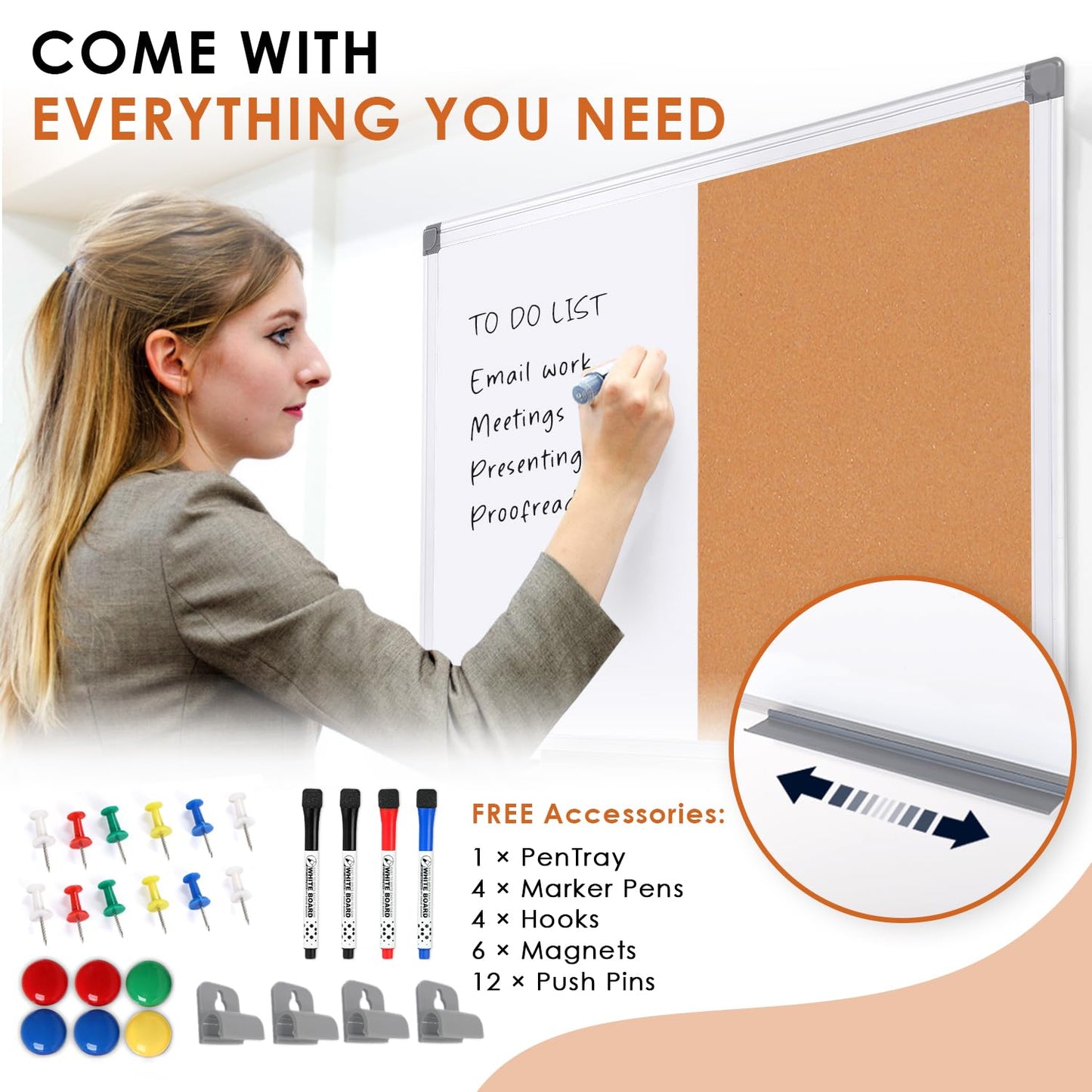 Cork Board and Dry Erase Board Combo Bulletin Board Combination Magnetic WhiteBoard Calendar Pin Notice Board for Home Office School with 4 Dry Erase Maker+6 Magnets+12 Pushpins, 24x18inches