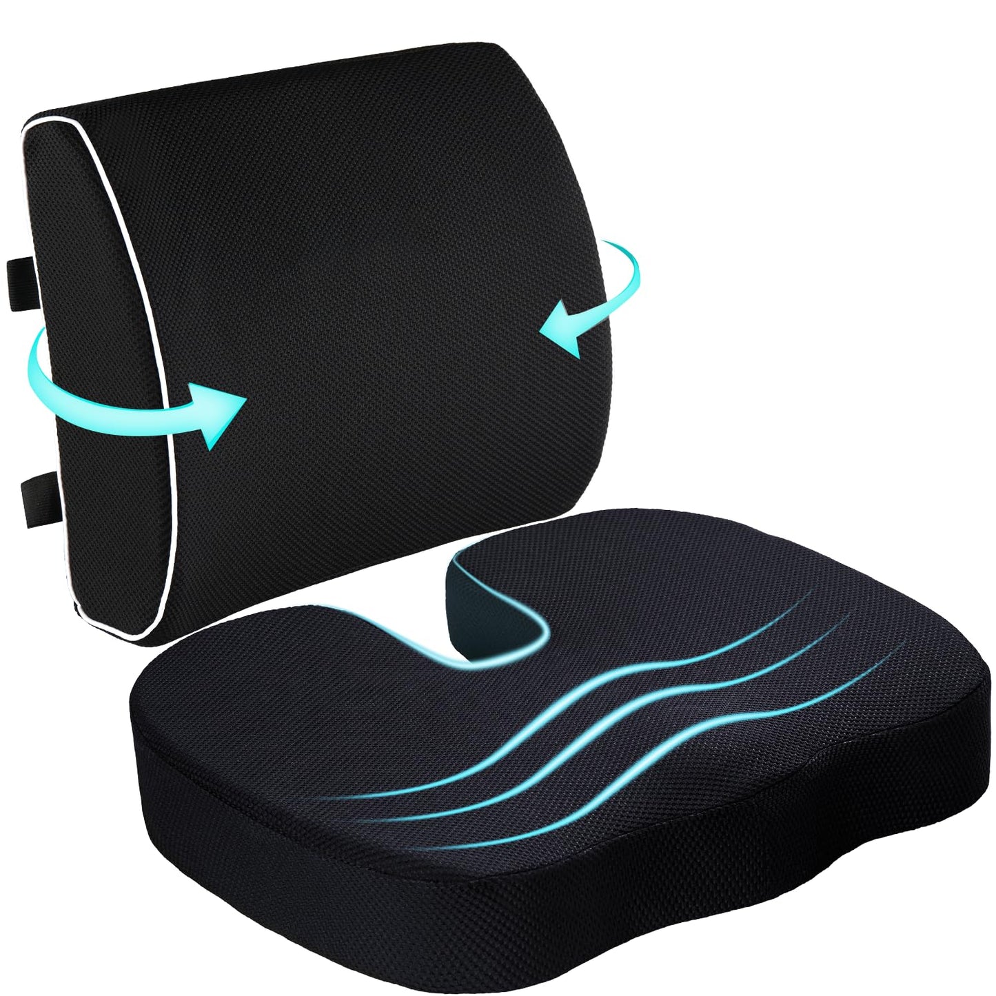 Seat Cushion and Lumbar Support Pillow for Office Chair-Gel Infused,Coccyx Orthopedic Car Seat Cushion Memory Foam Back Support Cushion for Lower Back,Tailbone & Sciatica（Black）