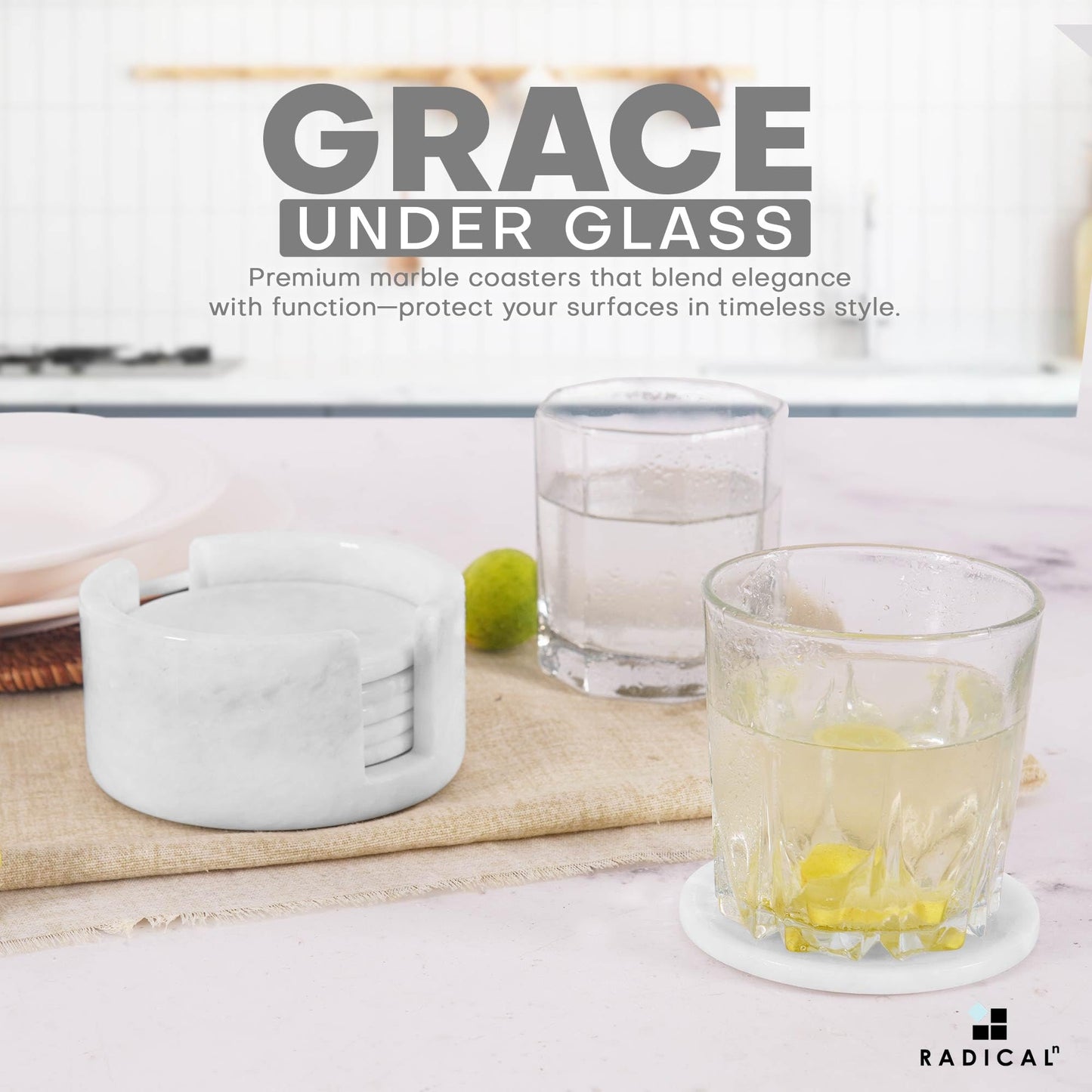 Radicaln Marble Coasters Set of 6 White 8.89 Cm Round Coaster Drink Coasters for Coffee Table, Kitchen & Dining Decor | Durable Stone Cup Holder Gift