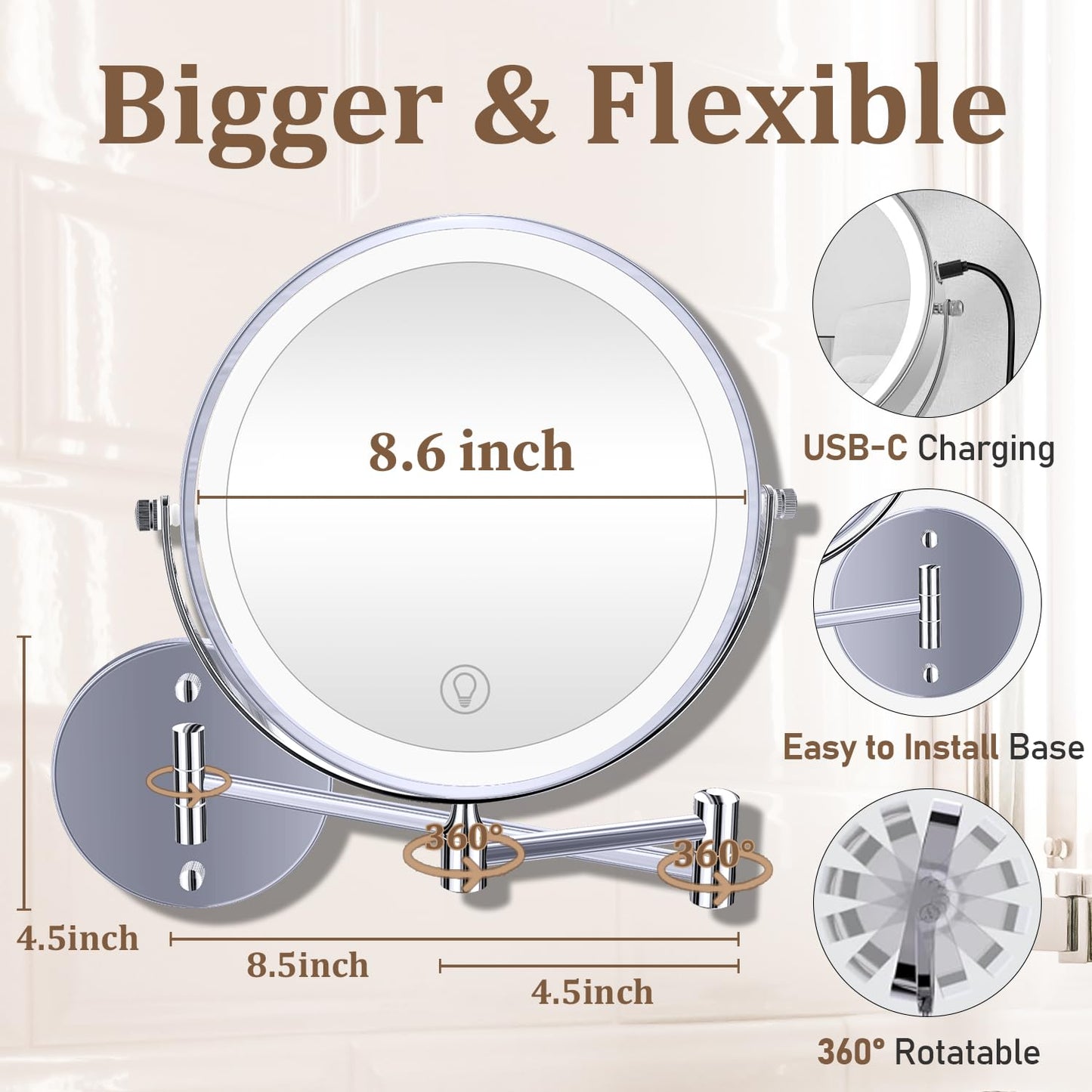 Unimiro 9inch Wall Mounted Makeup Mirror with Light, 1x/20x 5000mAh Rechargeable Magnifying Mirror with Light, 360° Rotate Bathroom Mirror with Lights, 3 Color, 80 LEDs, Stepless Dimmable