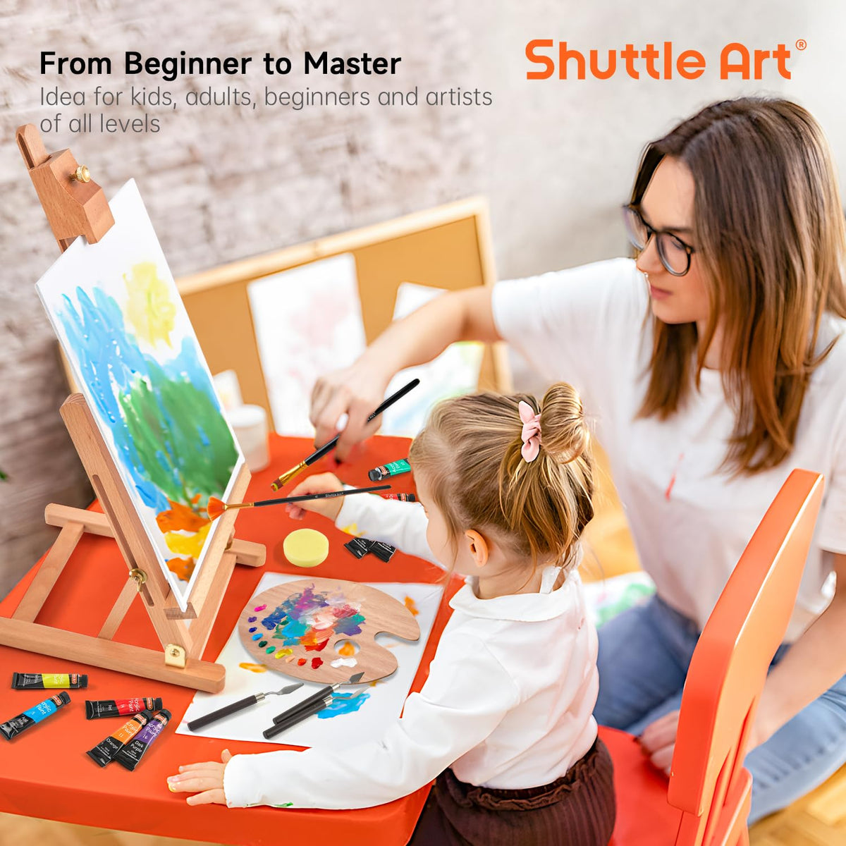 Shuttle Art 66 Pack Acrylic Paint Set, Acrylic Painting Set with 30 Colors Acrylic Paint, Wooden Easel, Painting Canvas, Paint Brushes, Palettes, Art Painting Supplies for Kids Adults Beginner Artists