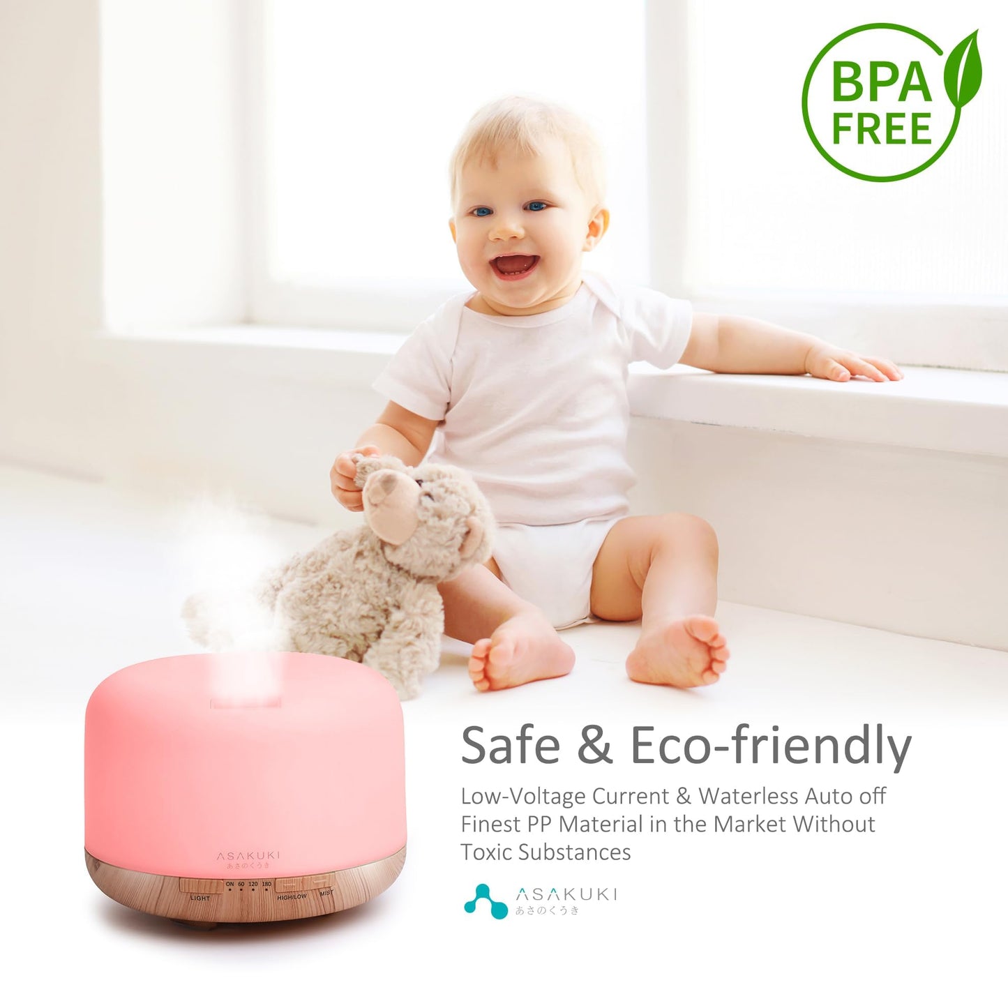 ASAKUKI 500ml Essential Oil Diffuser, 5 in 1 Premium Ultrasonic Aromatherapy Fragrant Oil Vaporizer Humidifier with Remote Control, 3 Timer and Auto-Off Safety Switch, 7 LED Light Colors