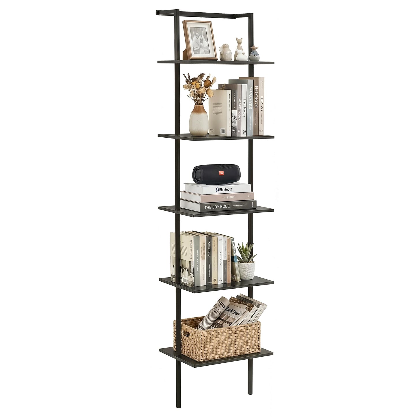 POBOMULI 5-Tier Ladder Shelf, Wall Mounted Ladder Bookshelf with Metal Frame, Wood Tall Open Storage Rack and Display Shelves for Home Office Bedroom Living Room, Black