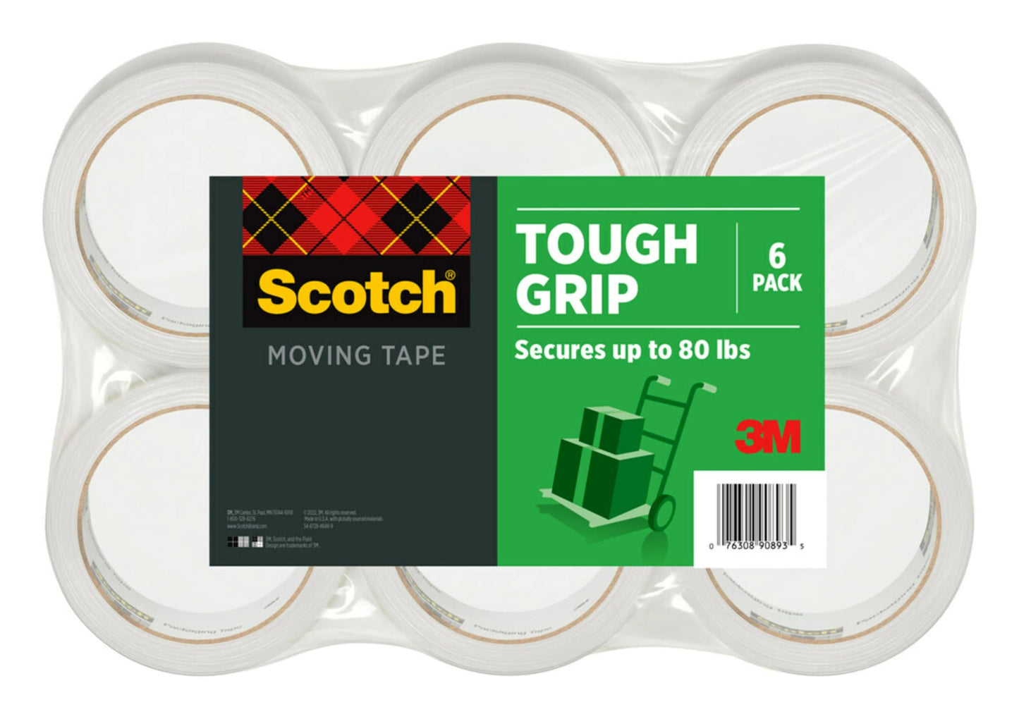Scotch Tough Grip Moving Packaging Tape, 1.88-Inch X 54.6 Yds, 6 Rolls/Pk